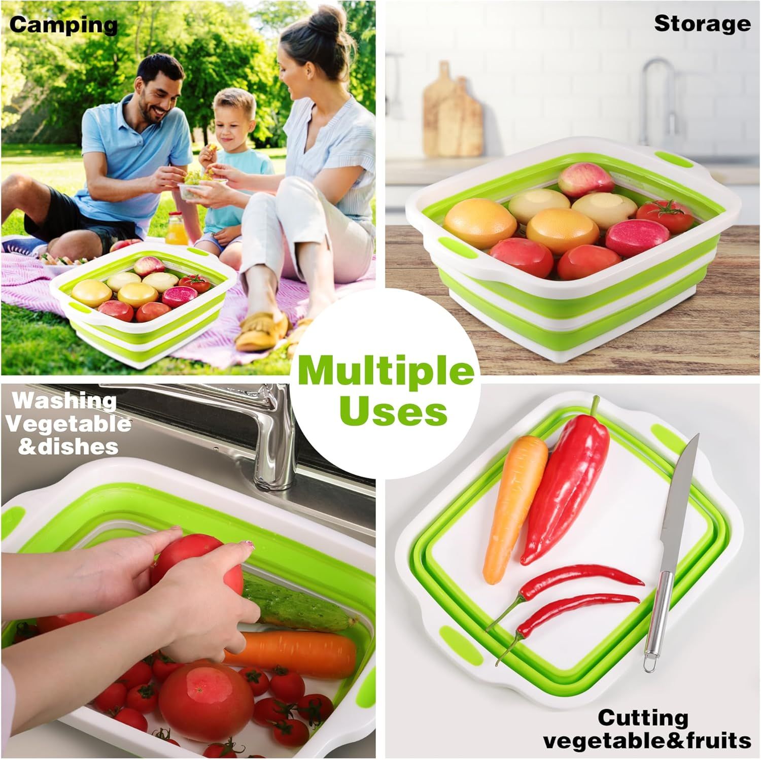 2 Pack Collapsible Cutting Board, oldable Dish Tub with Draining Hole, Portable Chopping Board with Colander, 3 in 1 Multiunction Camping Sink or Washing Dish, Bowl, Vegetables and ruit - Image 6