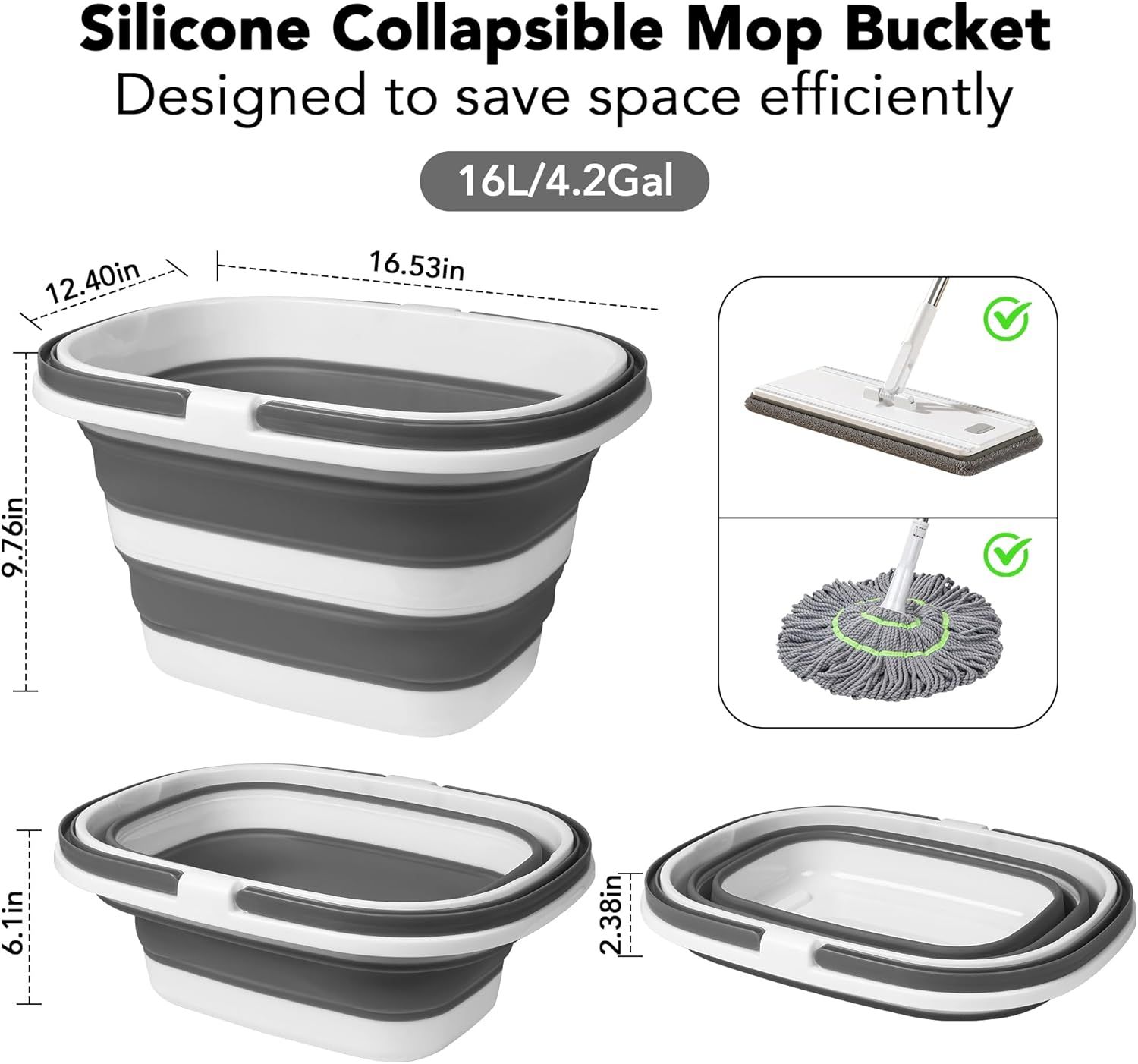 Large Collapsible Mop Bucket, 16L(4.2 Gallon) Plastic Bucket or House Cleaning, Car Washing, Silicone Cleaning Supplier Organizer, Portable Basket with Handle or Laundry Storage, RV Camping, ishing - Image 3