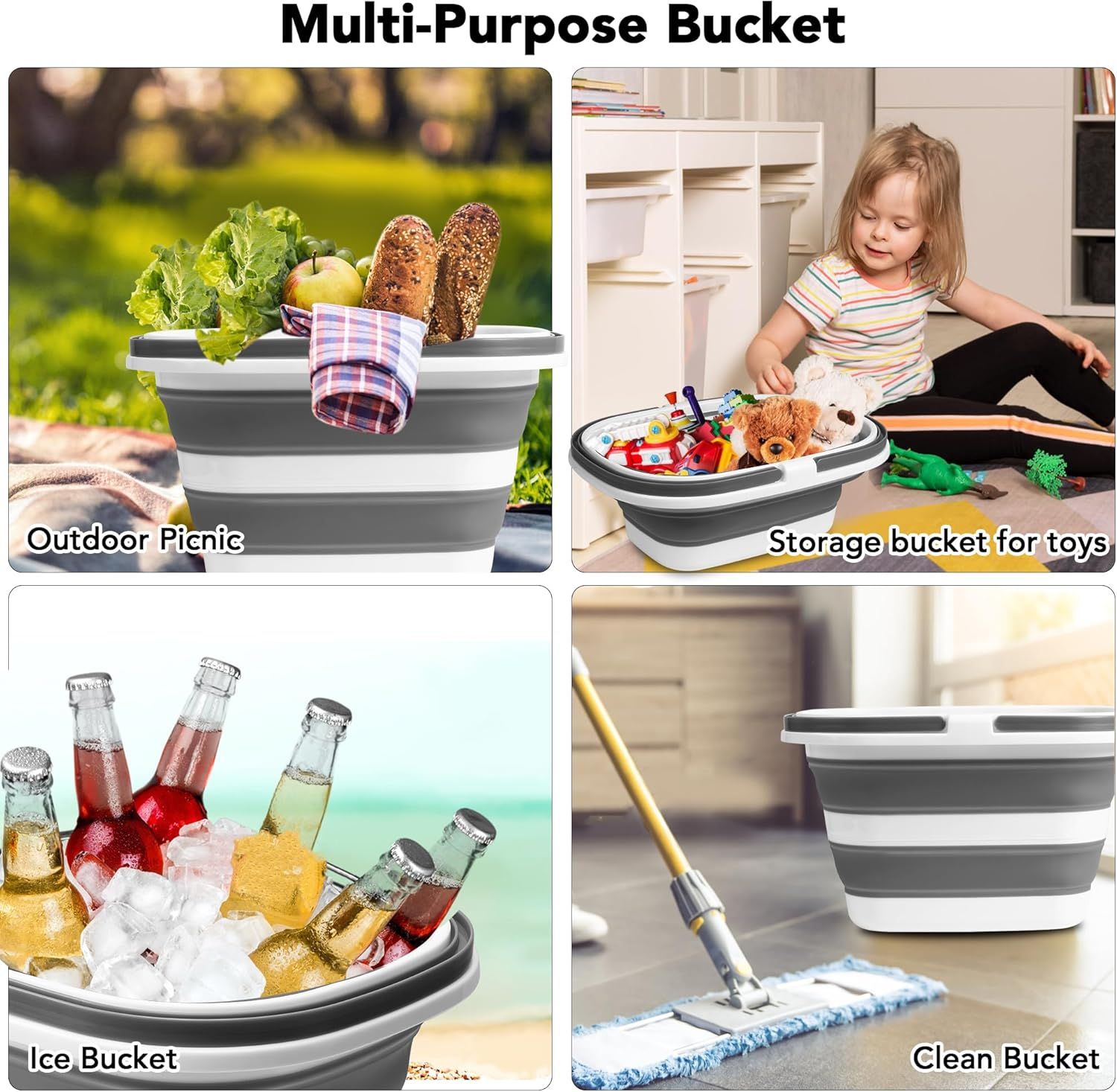 Large Collapsible Mop Bucket, 16L(4.2 Gallon) Plastic Bucket or House Cleaning, Car Washing, Silicone Cleaning Supplier Organizer, Portable Basket with Handle or Laundry Storage, RV Camping, ishing - Image 7