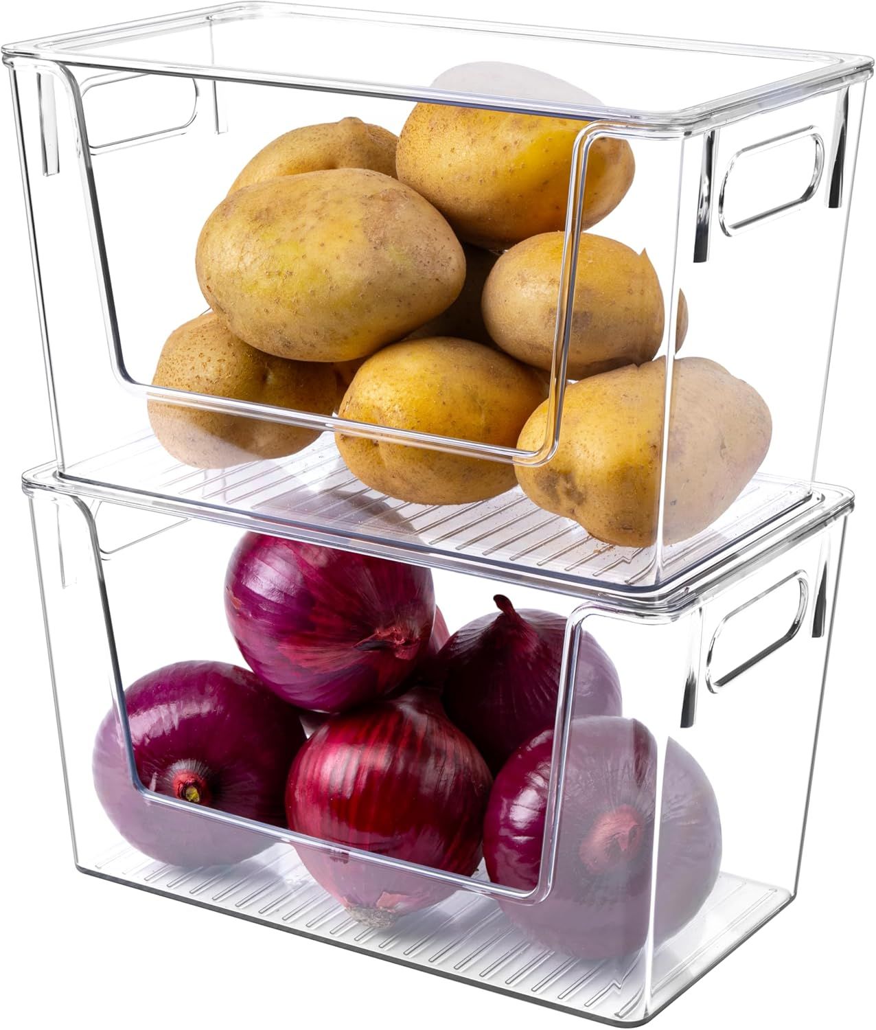 2 Pack Large Stackable Storage Bins, Plastic Container Organizer with Open ront, Pantry Organizers and Storage or Potato, Onion, ruit and Vegetable, Clear Kitchen Laundry Organizer with Lid - Image 1