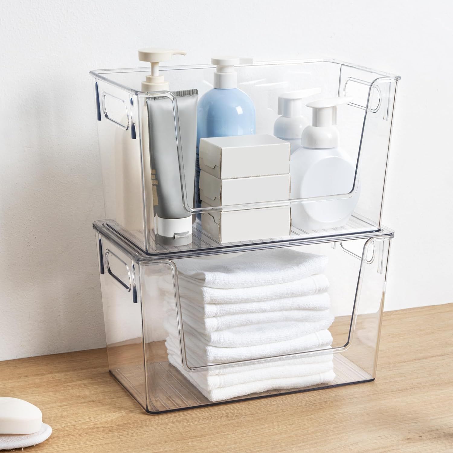 2 Pack Large Stackable Storage Bins, Plastic Container Organizer with Open ront, Pantry Organizers and Storage or Potato, Onion, ruit and Vegetable, Clear Kitchen Laundry Organizer with Lid - Image 2