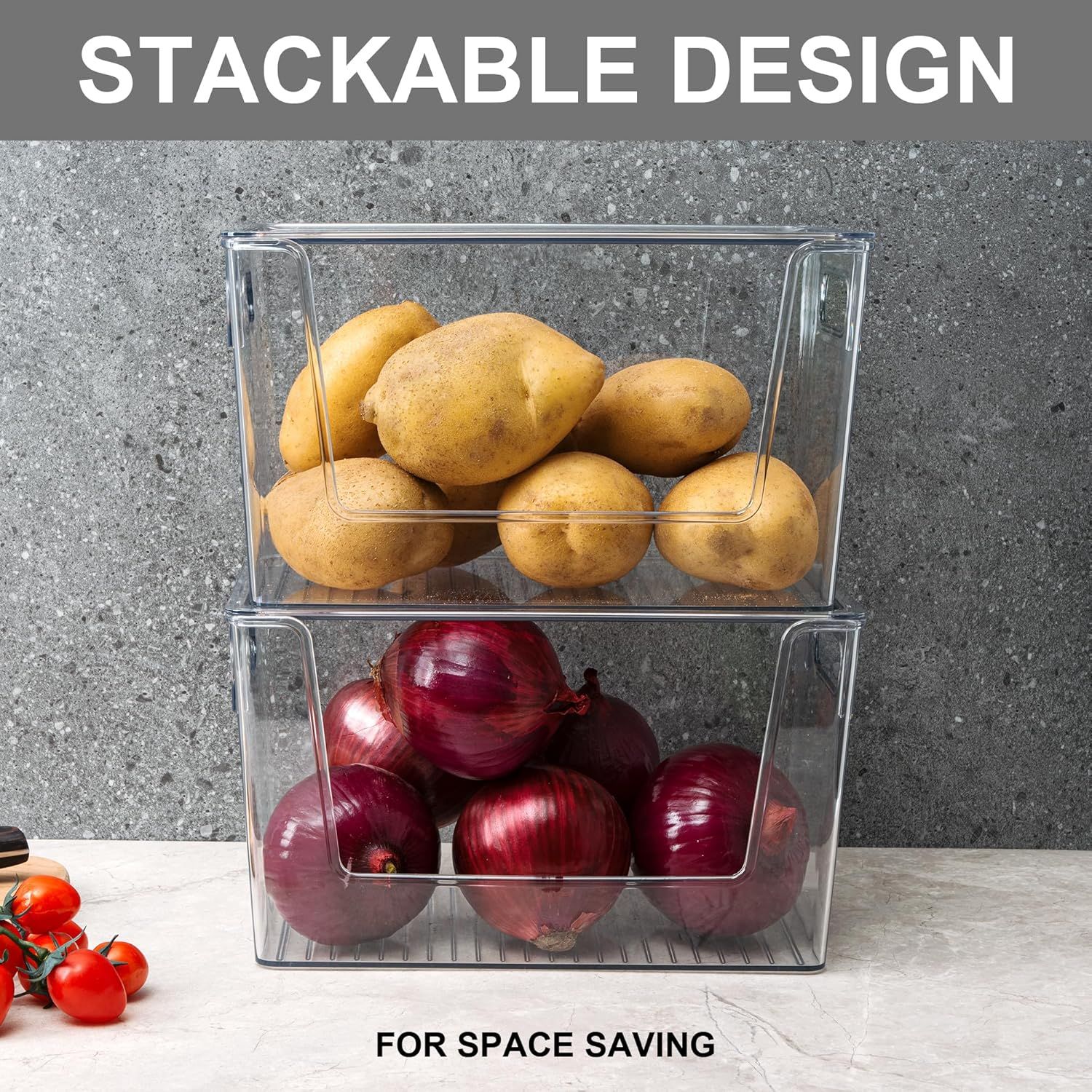 2 Pack Large Stackable Storage Bins, Plastic Container Organizer with Open ront, Pantry Organizers and Storage or Potato, Onion, ruit and Vegetable, Clear Kitchen Laundry Organizer with Lid - Image 4