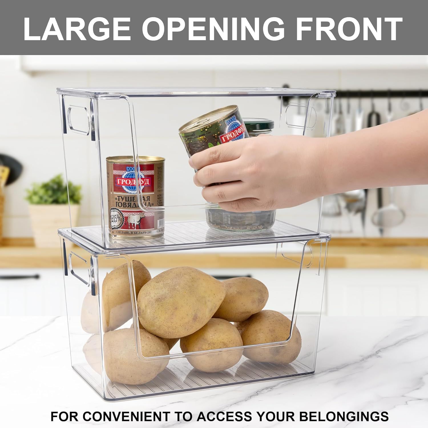 2 Pack Large Stackable Storage Bins, Plastic Container Organizer with Open ront, Pantry Organizers and Storage or Potato, Onion, ruit and Vegetable, Clear Kitchen Laundry Organizer with Lid - Image 5