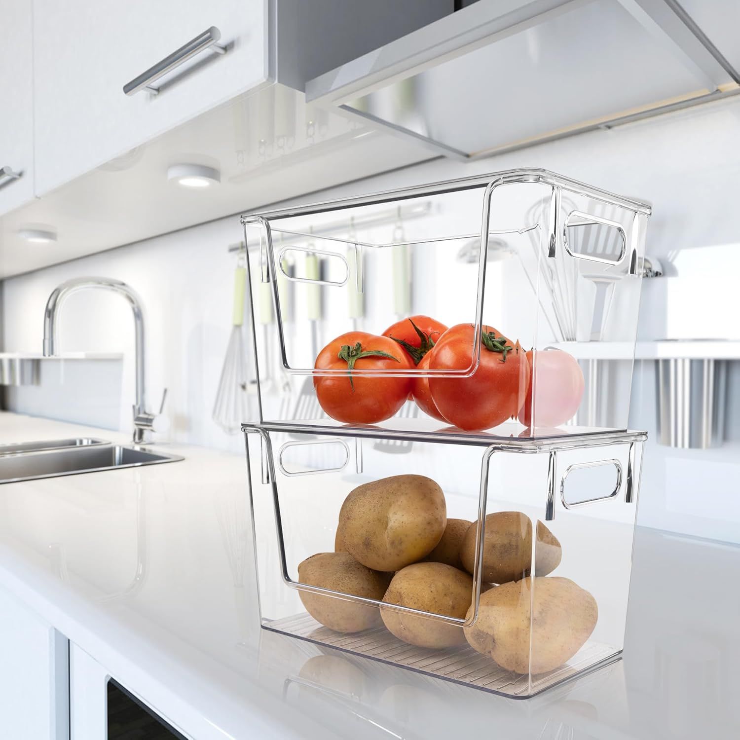 2 Pack Large Stackable Storage Bins, Plastic Container Organizer with Open ront, Pantry Organizers and Storage or Potato, Onion, ruit and Vegetable, Clear Kitchen Laundry Organizer with Lid - Image 6