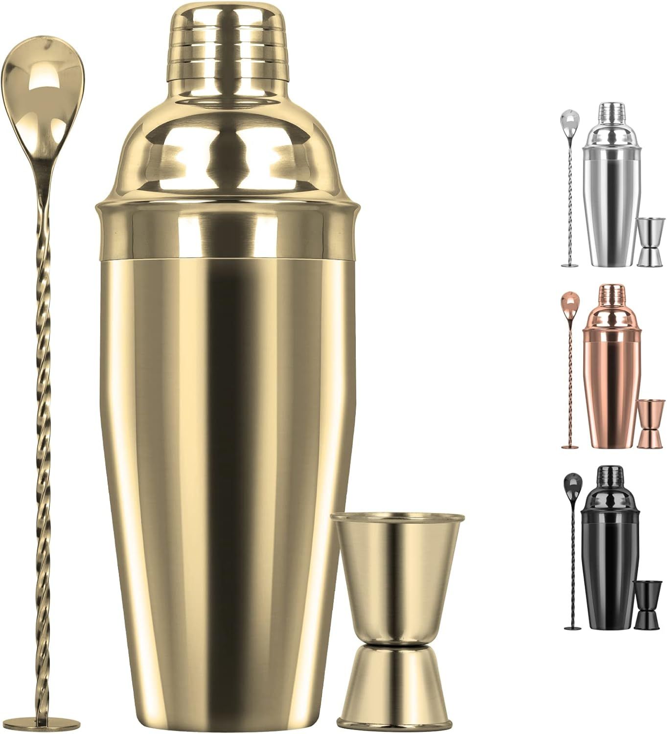 Large 24oz Cocktail Shaker Set, Stainless Steel 18/8 Martini Mixer Shaker with Built-in Strainer, Measuring Jigger & Mixing Spoon, Martini Shaker Set, Perect or Bartender and Home Use, Gold - Image 1