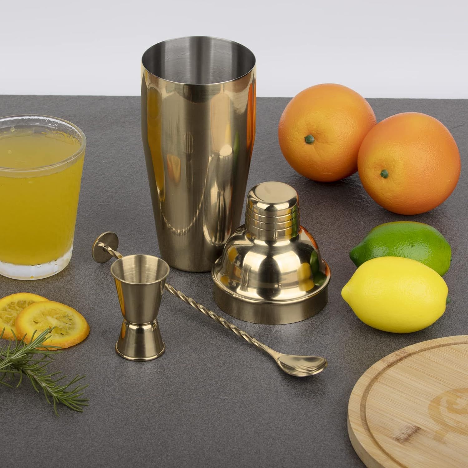 Large 24oz Cocktail Shaker Set, Stainless Steel 18/8 Martini Mixer Shaker with Built-in Strainer, Measuring Jigger & Mixing Spoon, Martini Shaker Set, Perect or Bartender and Home Use, Gold - Image 2