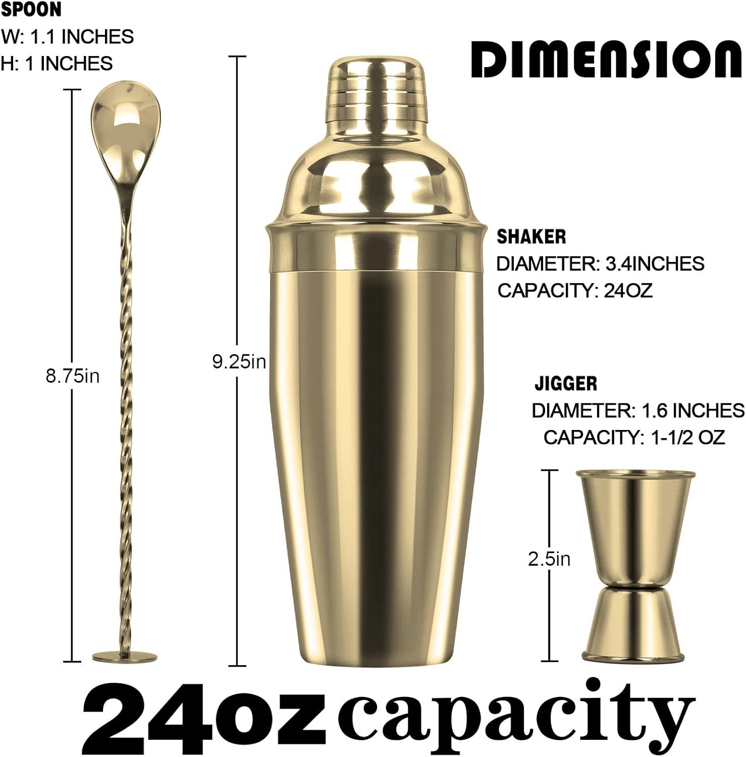 Large 24oz Cocktail Shaker Set, Stainless Steel 18/8 Martini Mixer Shaker with Built-in Strainer, Measuring Jigger & Mixing Spoon, Martini Shaker Set, Perect or Bartender and Home Use, Gold - Image 3