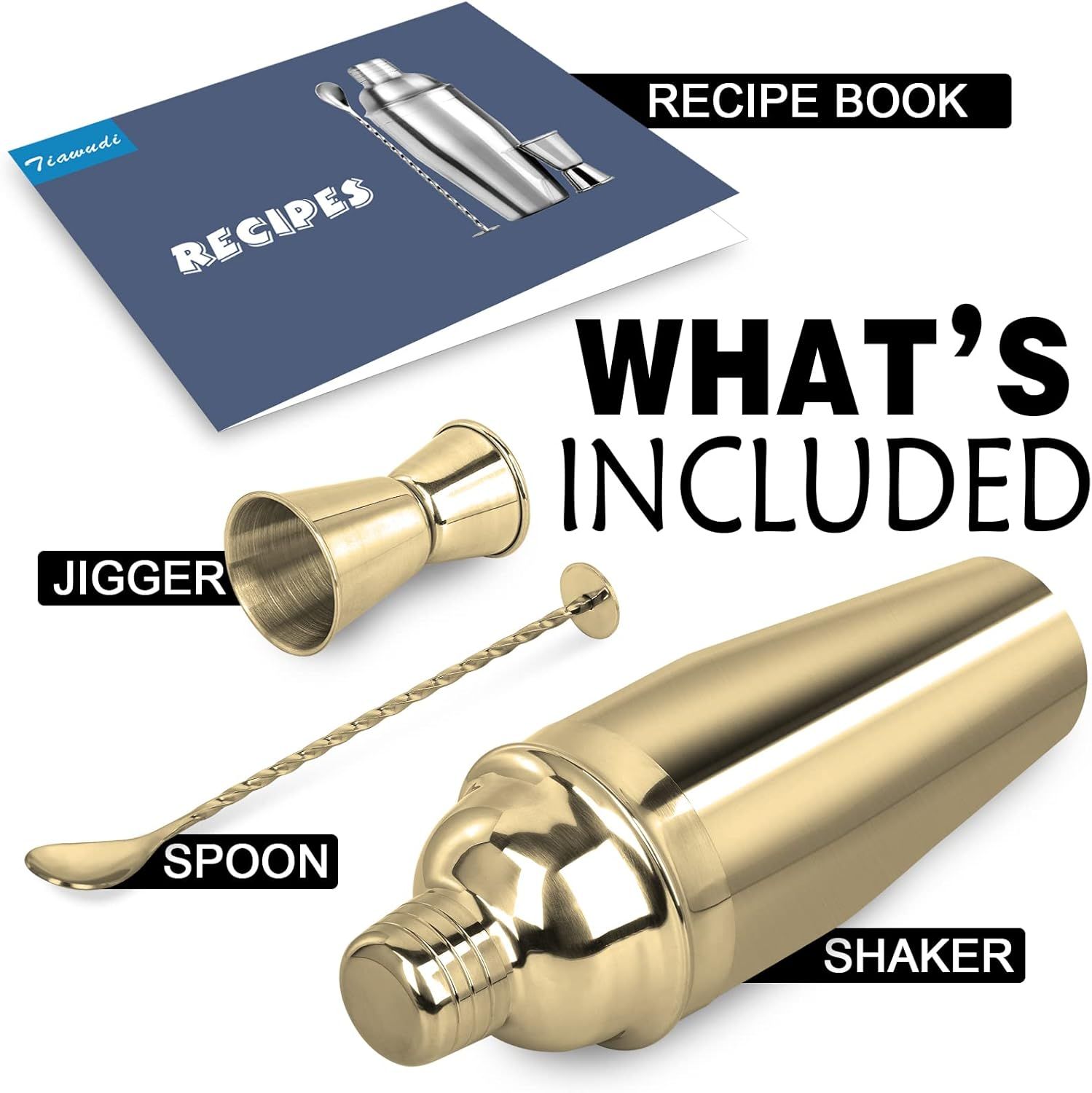 Large 24oz Cocktail Shaker Set, Stainless Steel 18/8 Martini Mixer Shaker with Built-in Strainer, Measuring Jigger & Mixing Spoon, Martini Shaker Set, Perect or Bartender and Home Use, Gold - Image 4