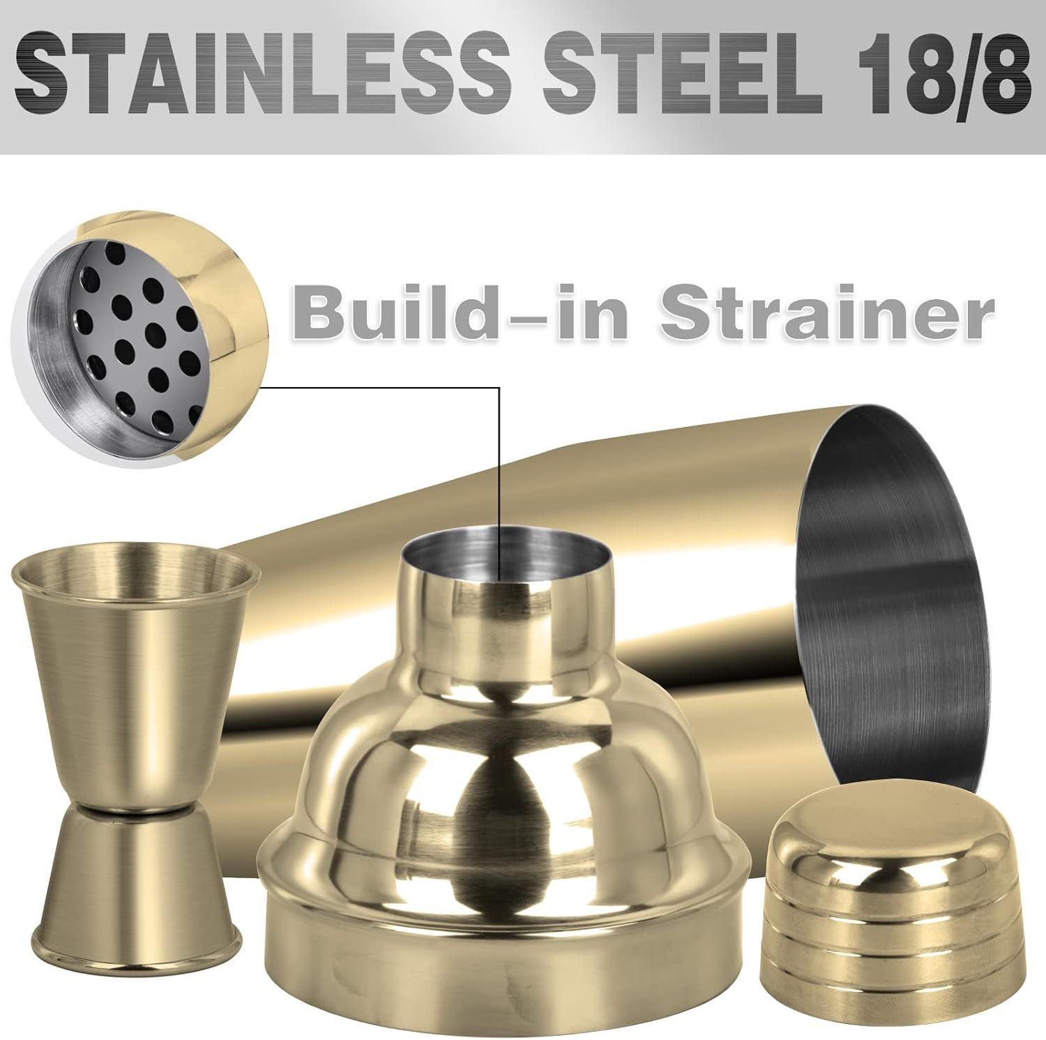 Large 24oz Cocktail Shaker Set, Stainless Steel 18/8 Martini Mixer Shaker with Built-in Strainer, Measuring Jigger & Mixing Spoon, Martini Shaker Set, Perect or Bartender and Home Use, Gold - Image 5