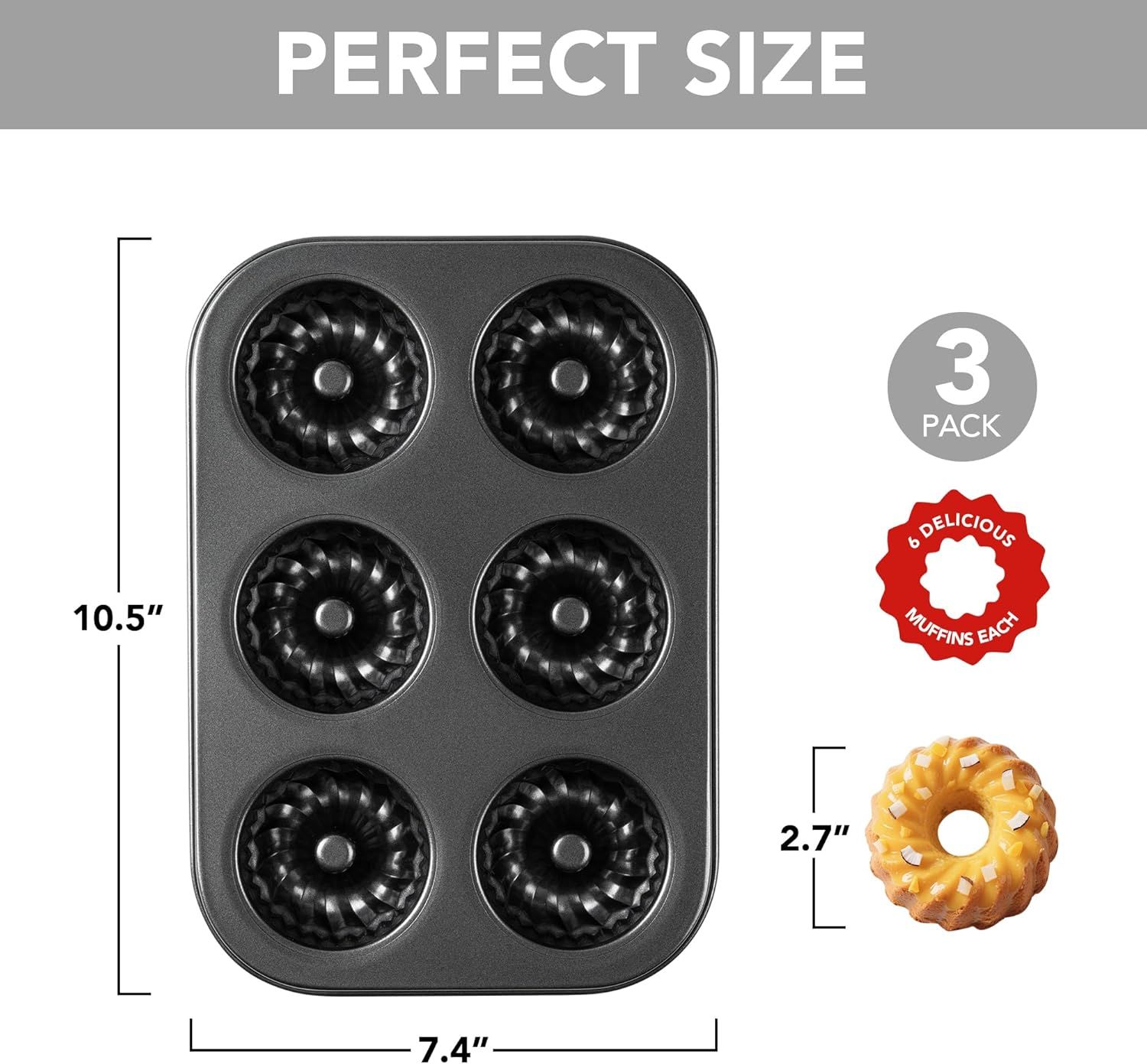 Mini luted Tube Cake Pan, 6 Cavity Baking Pan, Non-stick Baking Mold or Cupcakes, Donuts, Cornbread, Brownies, Jellies, Set o 3 - Image 3