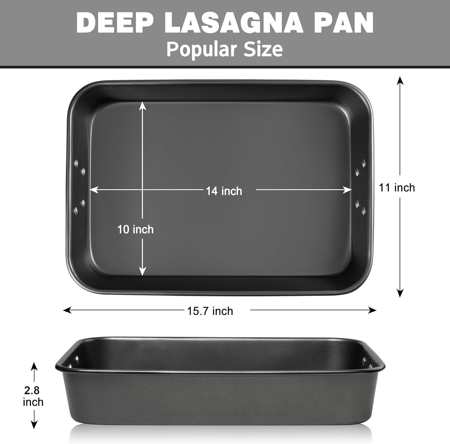 Lasagna Pan with Handles, 15x10x3 Inch Bakeware or Oven, Nonstick Rectangular Roasting Pan, Deep Baking Dish or Cake and Brownie, Heavy Duty - Image 3