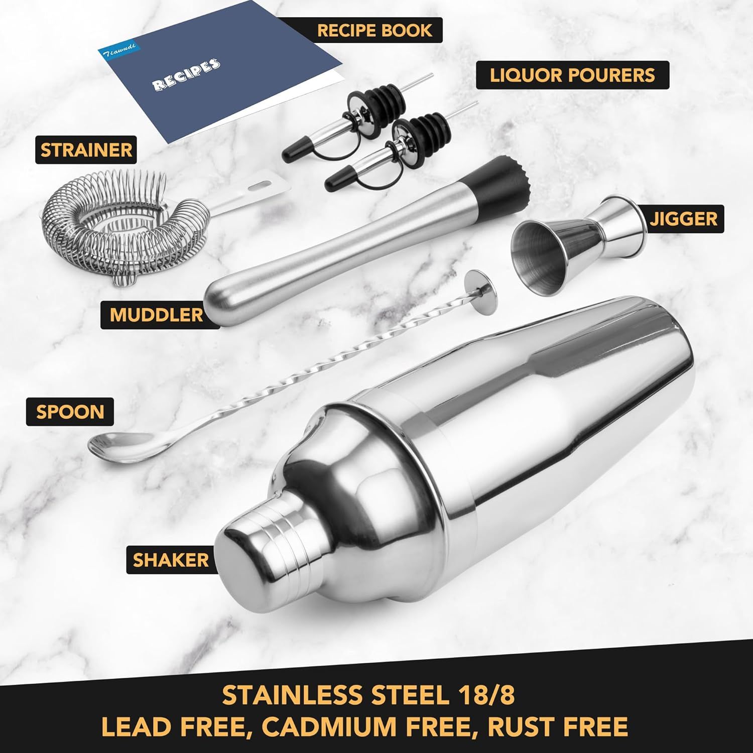 7-Piece Cocktail Shaker Set, 24oz Shaker Strainer Muddler Jigger Mixing Spoon Pourers, Bartender Kit, Bar Accessories, Stainless Steel Bar Set - Image 3