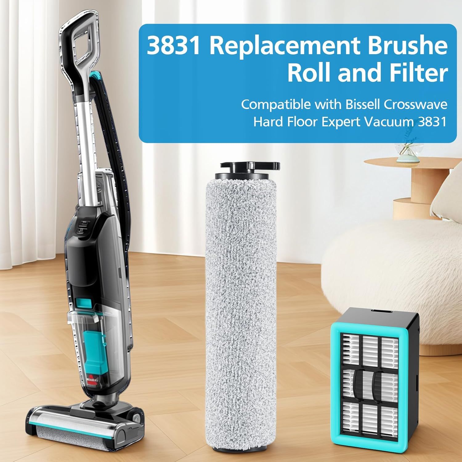 6-pack 3831 Vacuum Cleaner Brush Roll+ ilter Replacement Parts or Bissell Crosswave H2/3845N/3831 loor Scrubber, 3 Brush Rolls+3 ilters - Image 3