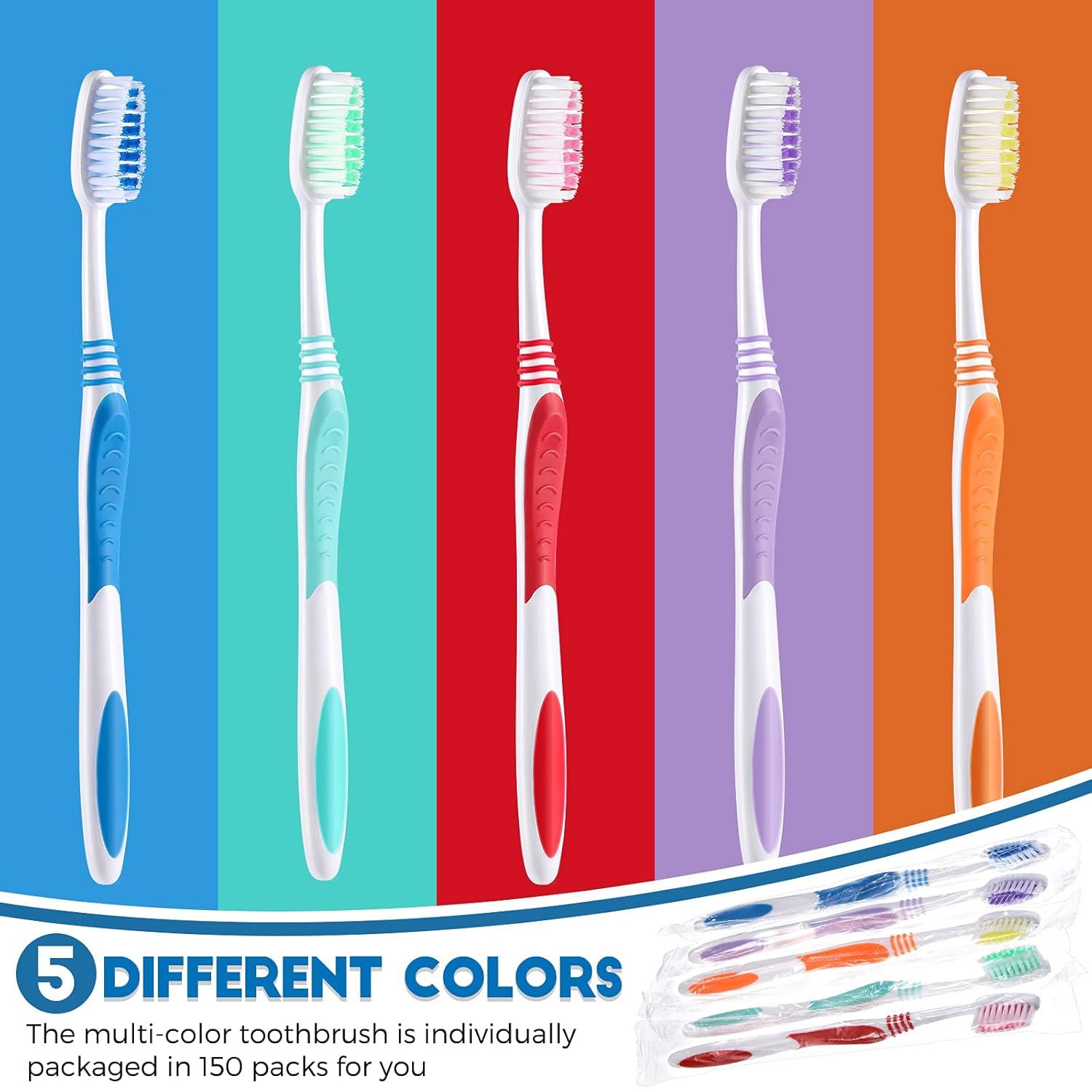 150 Pieces Individually Wrapped Toothbrushes Manual Disposable Travel Toothbrush Medium Sot Bristle Tooth Brush Travel Toothbrush Bulk Toothbrushes or Hotel, Guest, Adults, Kids, Multi Color - Image 2