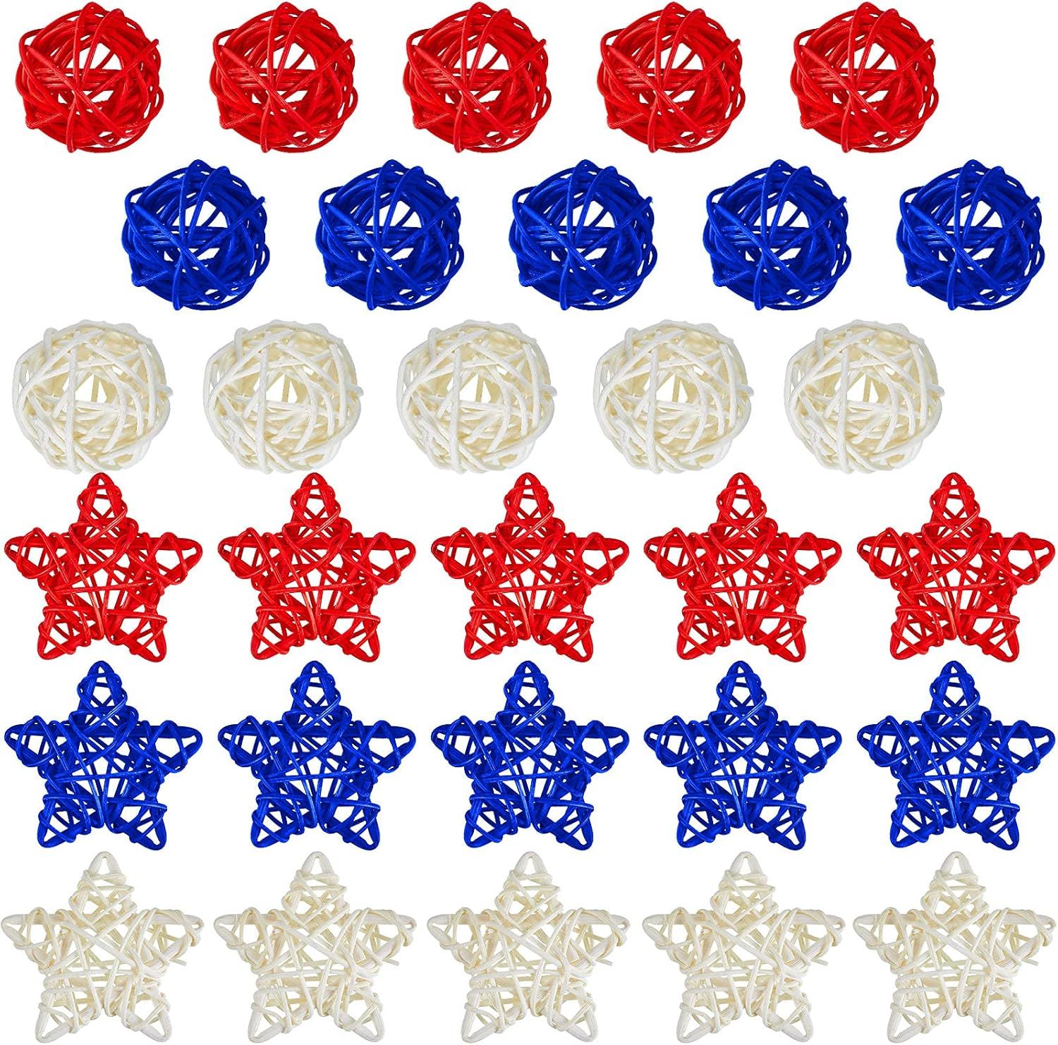 30 Pcs 4th o July Rattan Ball Decorations, Patriotic Red Blue White Stars or USA 250th Anniversary Home Decor Memorial Independence Day Crat Vase Bowl iller Table Party Decorative Supplies - Image 1