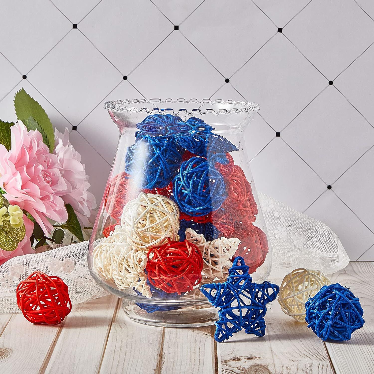 30 Pcs 4th o July Rattan Ball Decorations, Patriotic Red Blue White Stars or USA 250th Anniversary Home Decor Memorial Independence Day Crat Vase Bowl iller Table Party Decorative Supplies - Image 2