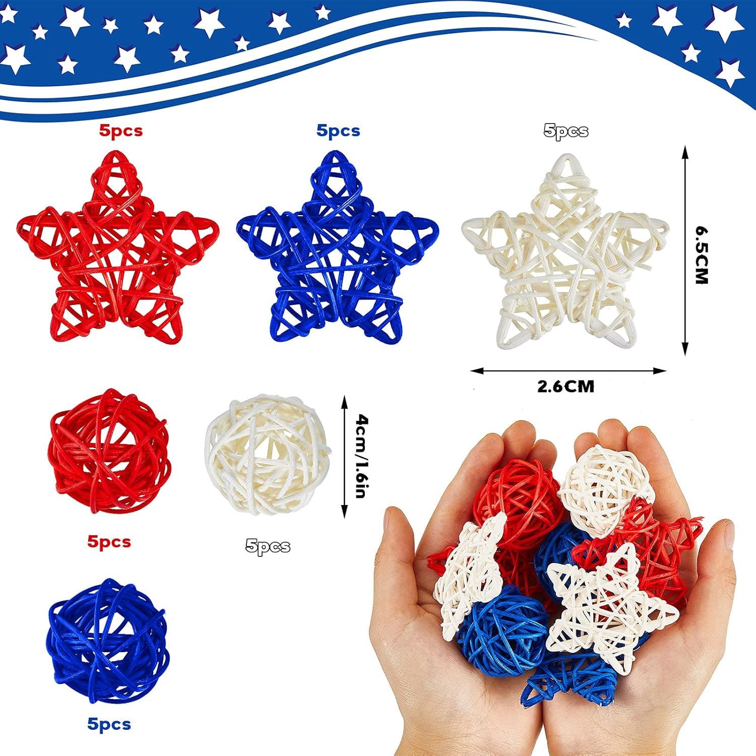 30 Pcs 4th o July Rattan Ball Decorations, Patriotic Red Blue White Stars or USA 250th Anniversary Home Decor Memorial Independence Day Crat Vase Bowl iller Table Party Decorative Supplies - Image 3