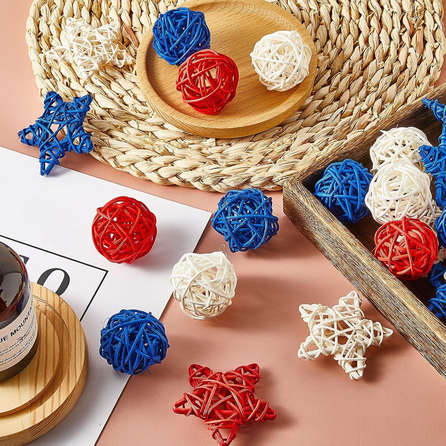 30 Pcs 4th o July Rattan Ball Decorations, Patriotic Red Blue White Stars or USA 250th Anniversary Home Decor Memorial Independence Day Crat Vase Bowl iller Table Party Decorative Supplies - Image 5