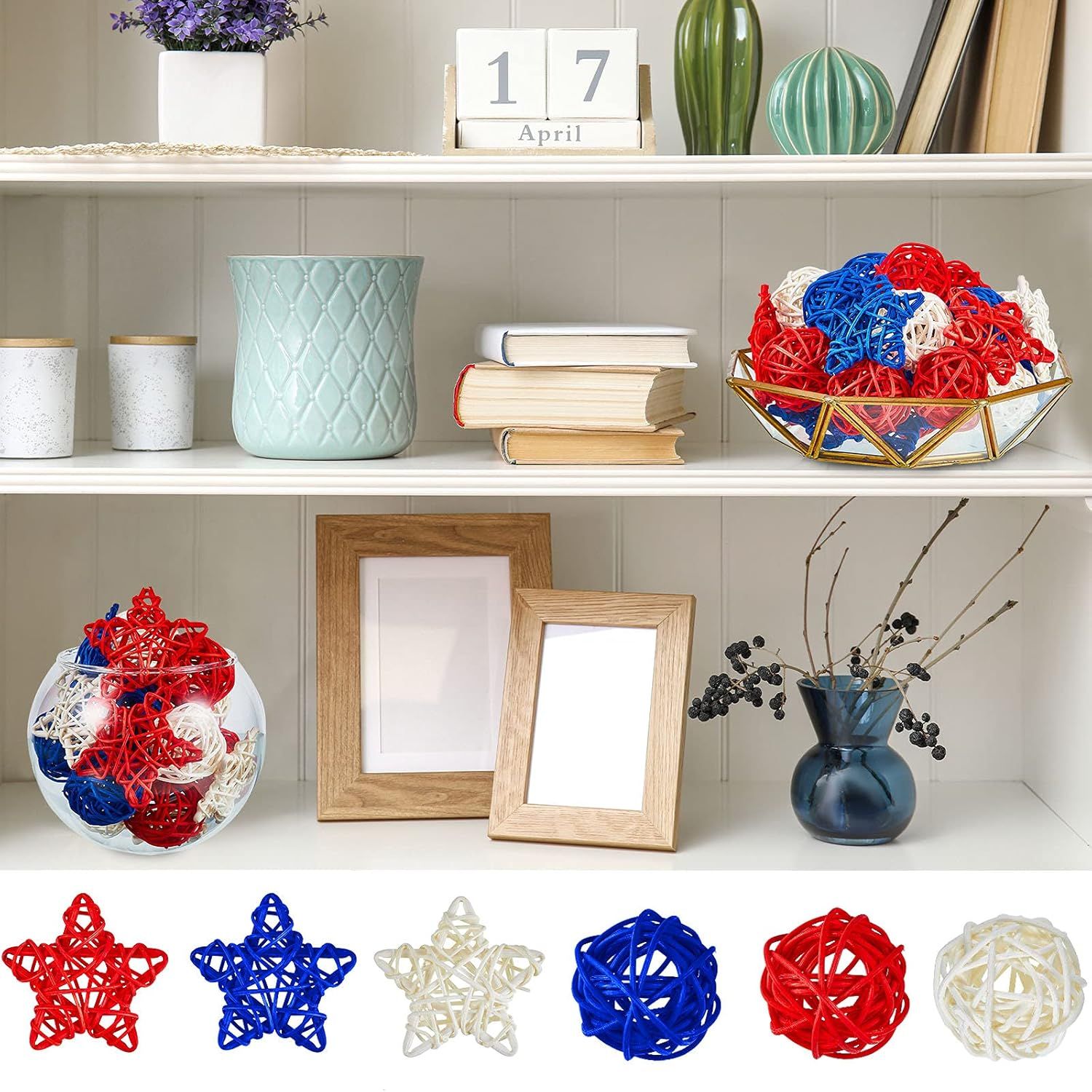 30 Pcs 4th o July Rattan Ball Decorations, Patriotic Red Blue White Stars or USA 250th Anniversary Home Decor Memorial Independence Day Crat Vase Bowl iller Table Party Decorative Supplies - Image 7