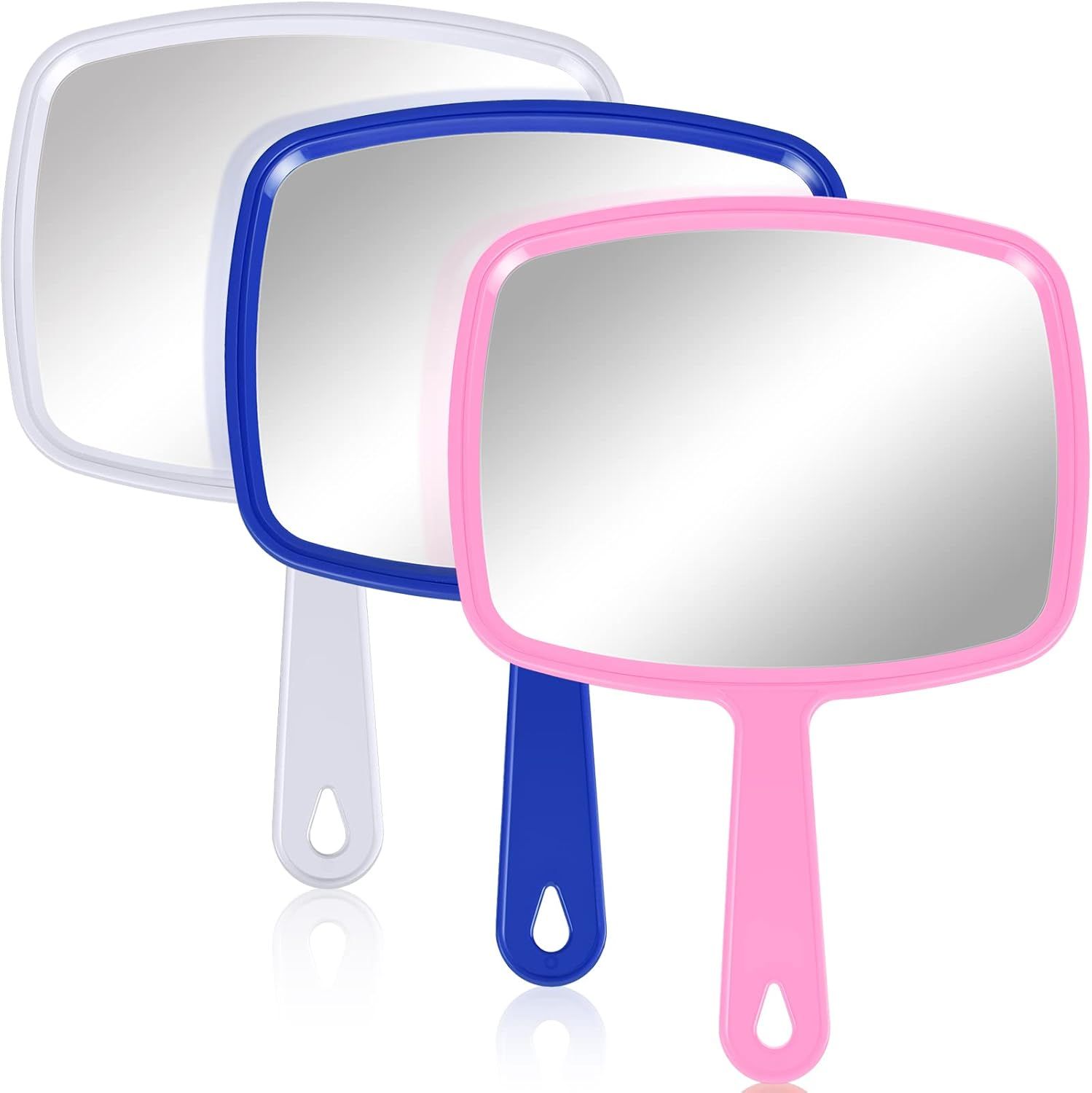 3 Pcs Hand Handheld Mirrors with Handle Bulk, Small Portable Salon Barber Hairdressing Vanity Cosmetic Mirror or Travel, Home, Square(9.17 x 6.53 Inch,Blue, White, Pink) - Image 1
