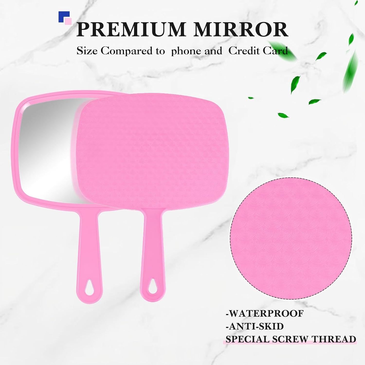 3 Pcs Hand Handheld Mirrors with Handle Bulk, Small Portable Salon Barber Hairdressing Vanity Cosmetic Mirror or Travel, Home, Square(9.17 x 6.53 Inch,Blue, White, Pink) - Image 3