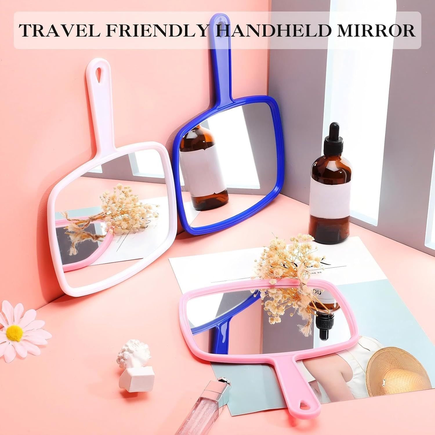3 Pcs Hand Handheld Mirrors with Handle Bulk, Small Portable Salon Barber Hairdressing Vanity Cosmetic Mirror or Travel, Home, Square(9.17 x 6.53 Inch,Blue, White, Pink) - Image 4