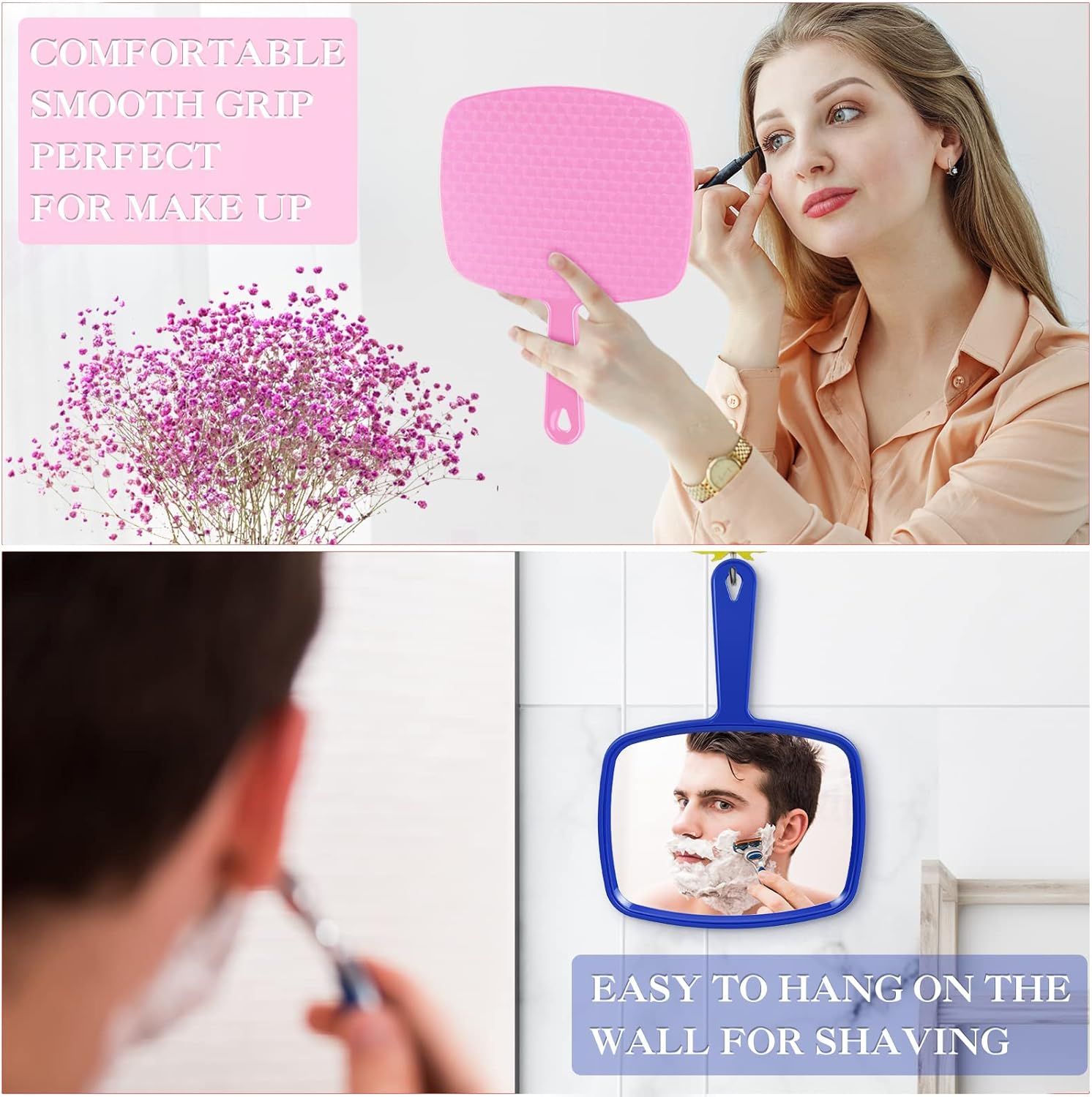 3 Pcs Hand Handheld Mirrors with Handle Bulk, Small Portable Salon Barber Hairdressing Vanity Cosmetic Mirror or Travel, Home, Square(9.17 x 6.53 Inch,Blue, White, Pink) - Image 5
