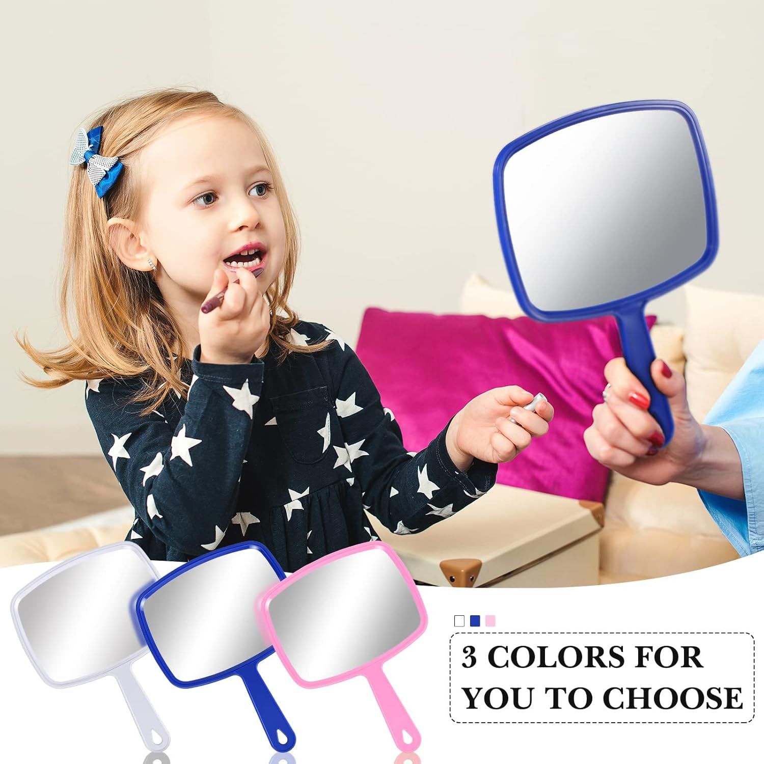 3 Pcs Hand Handheld Mirrors with Handle Bulk, Small Portable Salon Barber Hairdressing Vanity Cosmetic Mirror or Travel, Home, Square(9.17 x 6.53 Inch,Blue, White, Pink) - Image 6
