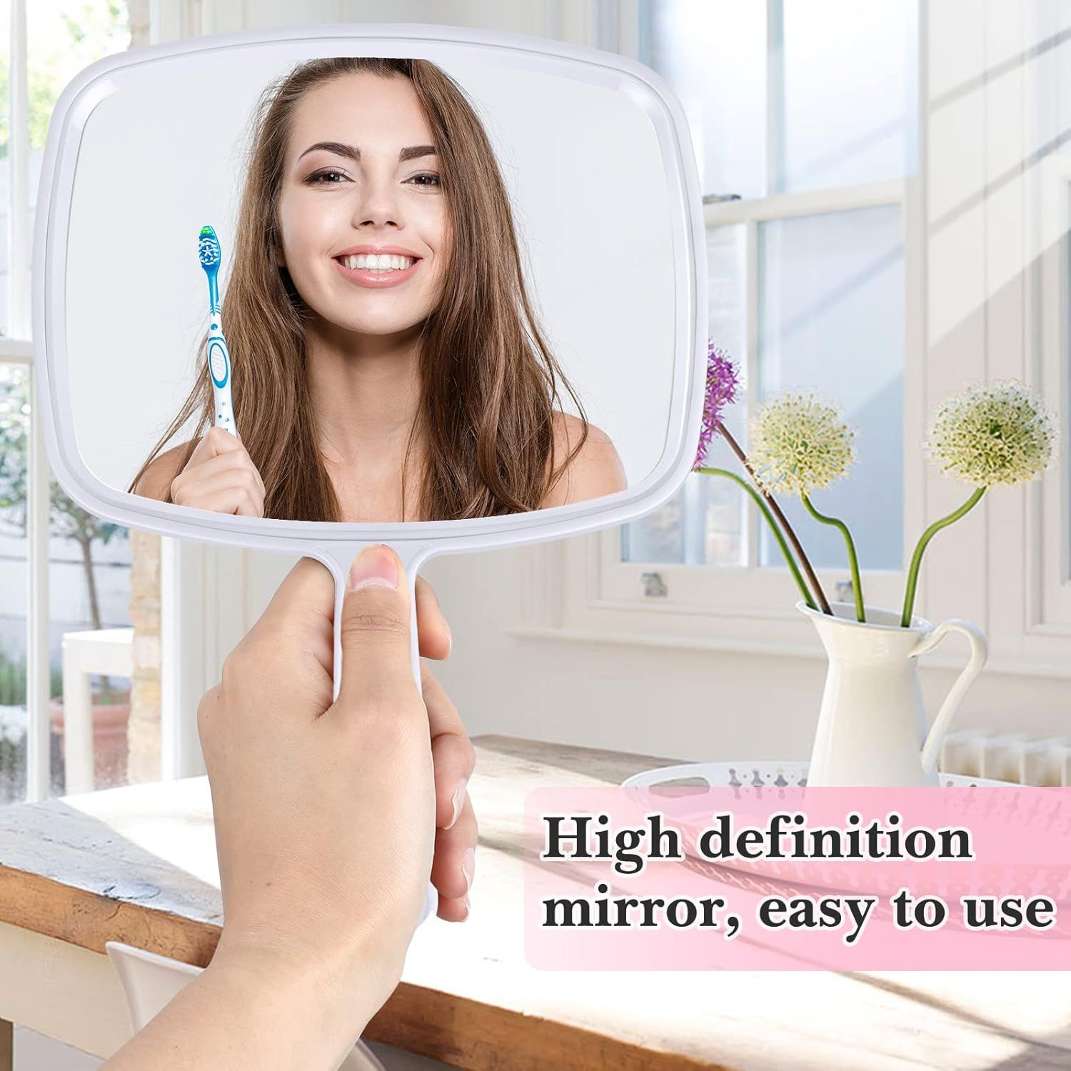 3 Pcs Hand Handheld Mirrors with Handle Bulk, Small Portable Salon Barber Hairdressing Vanity Cosmetic Mirror or Travel, Home, Square(9.17 x 6.53 Inch,Blue, White, Pink) - Image 7