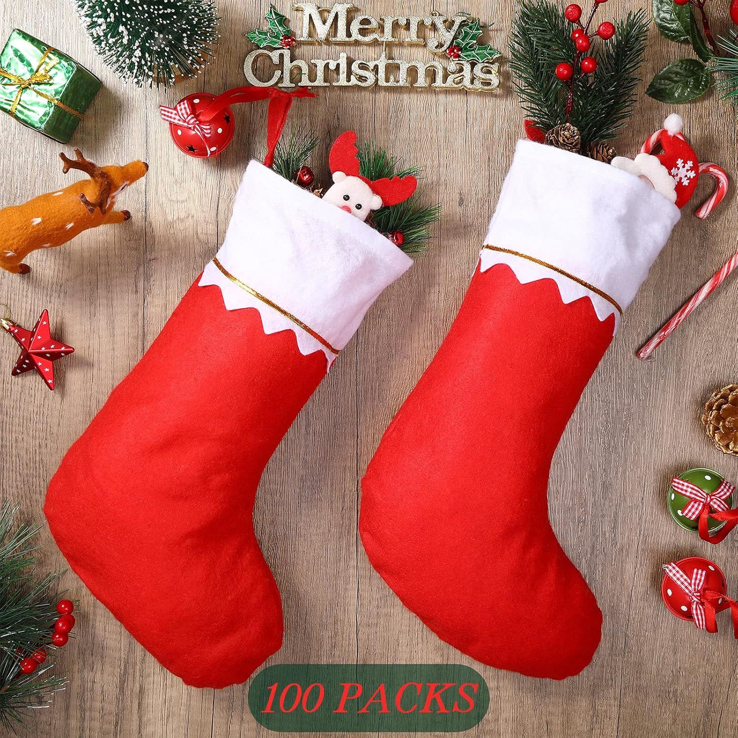 100 Pieces elt Christmas Stockings 15 Inch Party avors Stockings Xmas Decoration Stocking Rustic Santa Stocking or Christmas(Red with White Trim) - Image 2