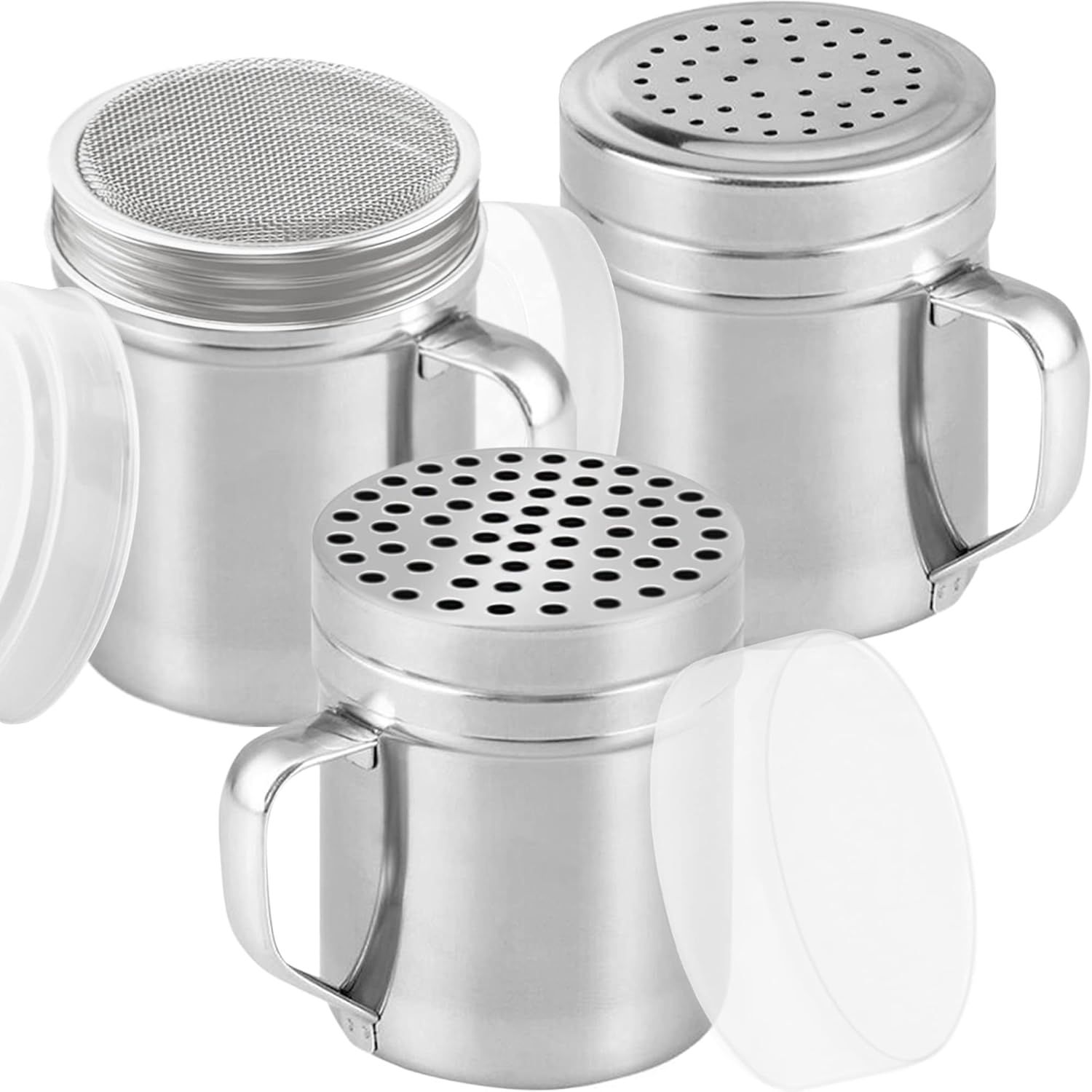 [Set o 3] 10oz Stainless Steel Dredges With Handle - ine Mesh + Medium Holes + Large Holes (or Coarse Seasonings) - Image 1