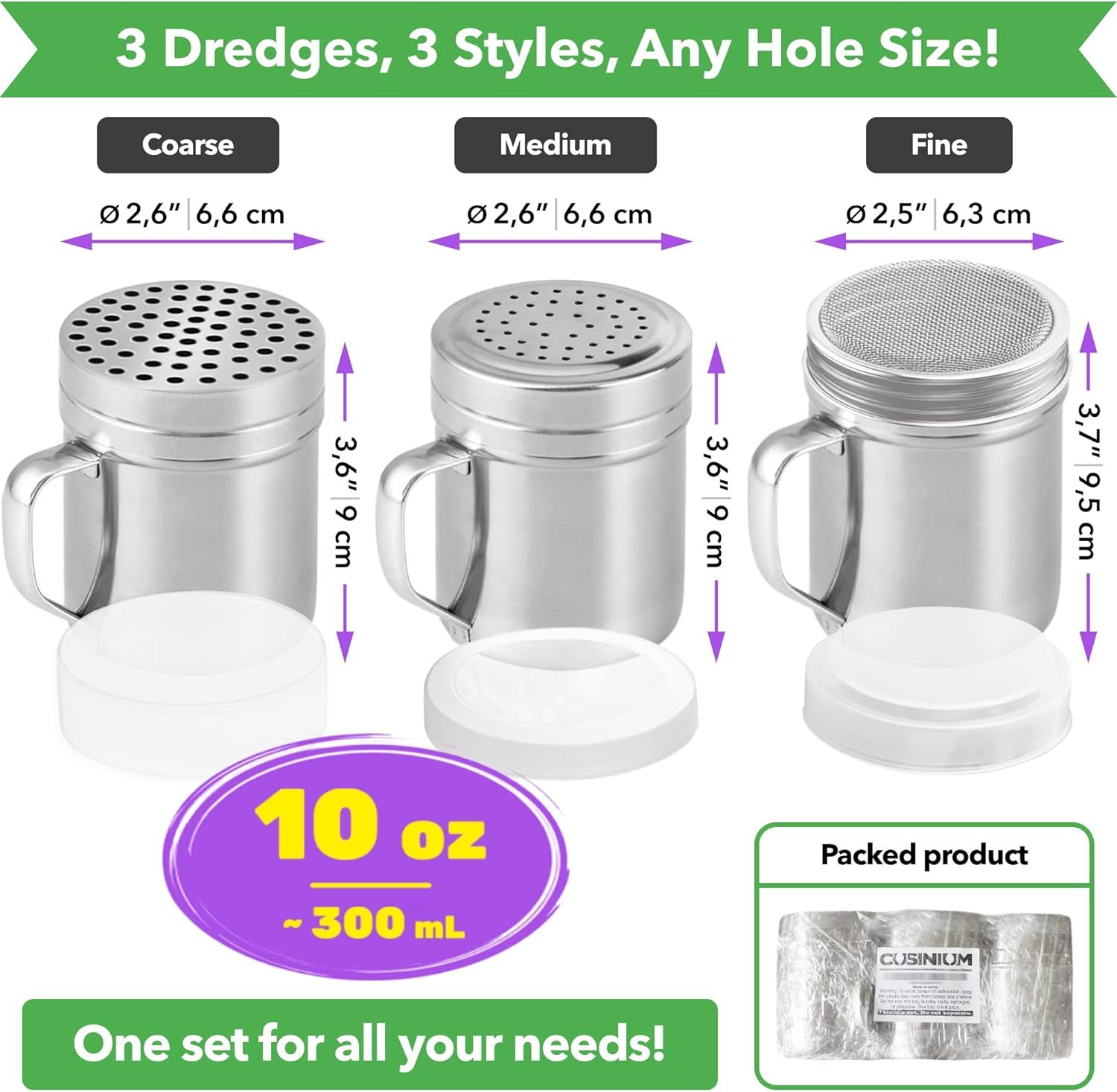 [Set o 3] 10oz Stainless Steel Dredges With Handle - ine Mesh + Medium Holes + Large Holes (or Coarse Seasonings) - Image 2