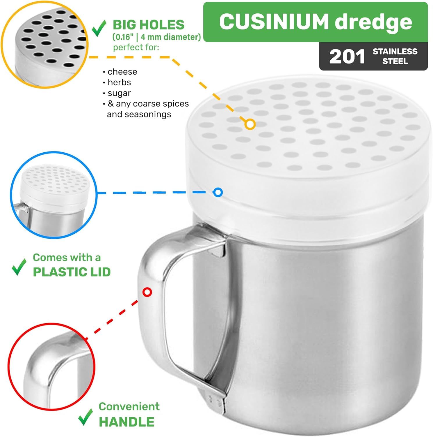 [Set o 3] 10oz Stainless Steel Dredges With Handle - ine Mesh + Medium Holes + Large Holes (or Coarse Seasonings) - Image 3