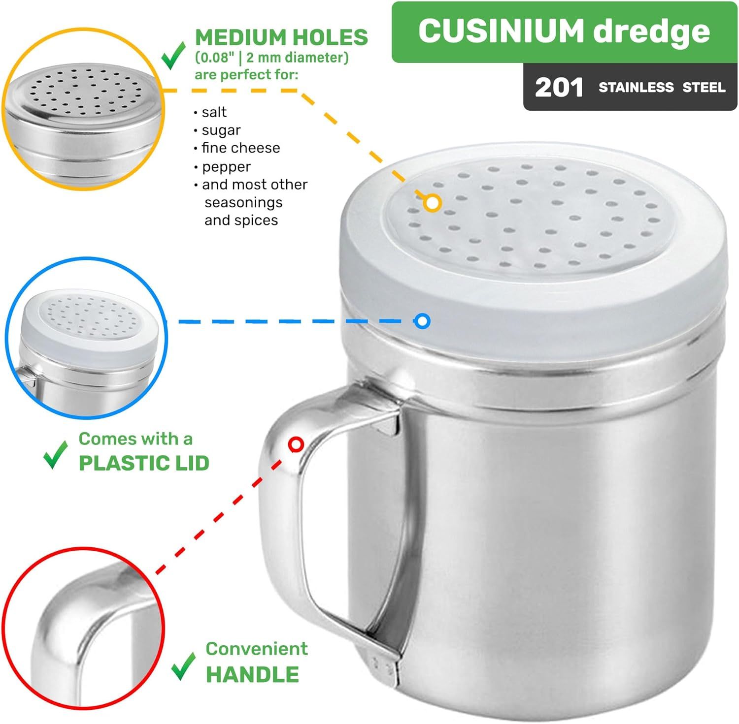 [Set o 3] 10oz Stainless Steel Dredges With Handle - ine Mesh + Medium Holes + Large Holes (or Coarse Seasonings) - Image 4