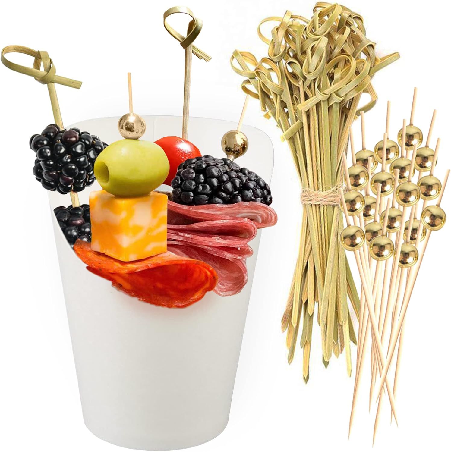 50pk 14oz White Charcuterie Cups with 200 Sticks (2 Types) - Wide Enlarged Top Cutout or Better Display - White Paper Charcuterie Board Cups Set - Image 1