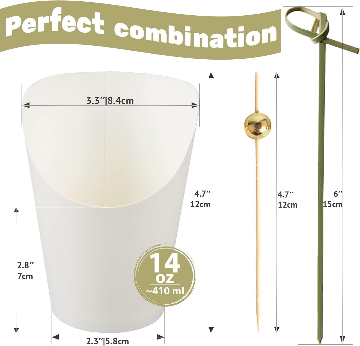 50pk 14oz White Charcuterie Cups with 200 Sticks (2 Types) - Wide Enlarged Top Cutout or Better Display - White Paper Charcuterie Board Cups Set - Image 2