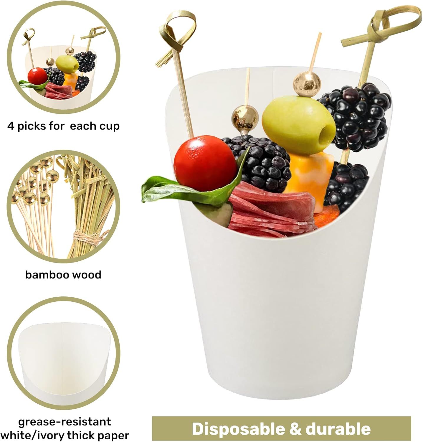 50pk 14oz White Charcuterie Cups with 200 Sticks (2 Types) - Wide Enlarged Top Cutout or Better Display - White Paper Charcuterie Board Cups Set - Image 4
