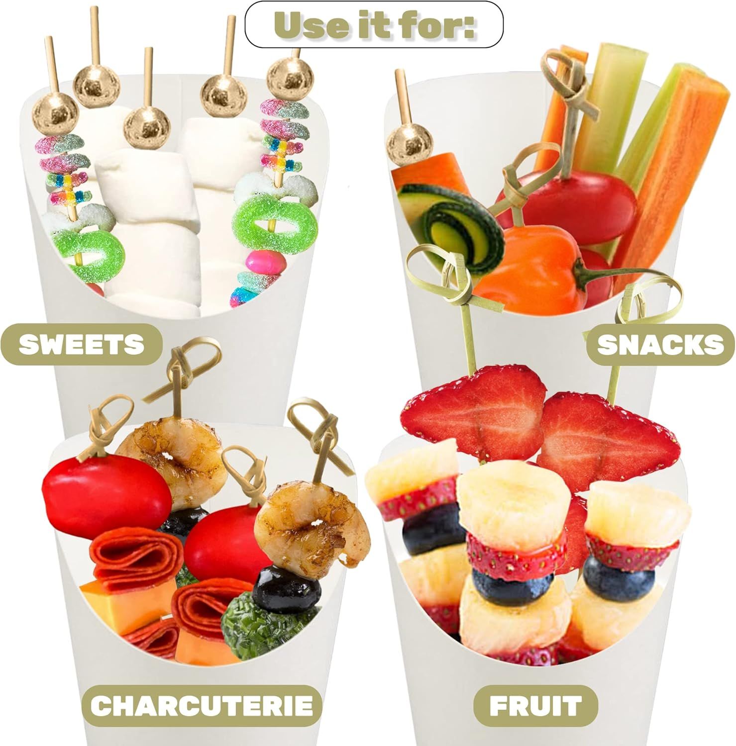 50pk 14oz White Charcuterie Cups with 200 Sticks (2 Types) - Wide Enlarged Top Cutout or Better Display - White Paper Charcuterie Board Cups Set - Image 5