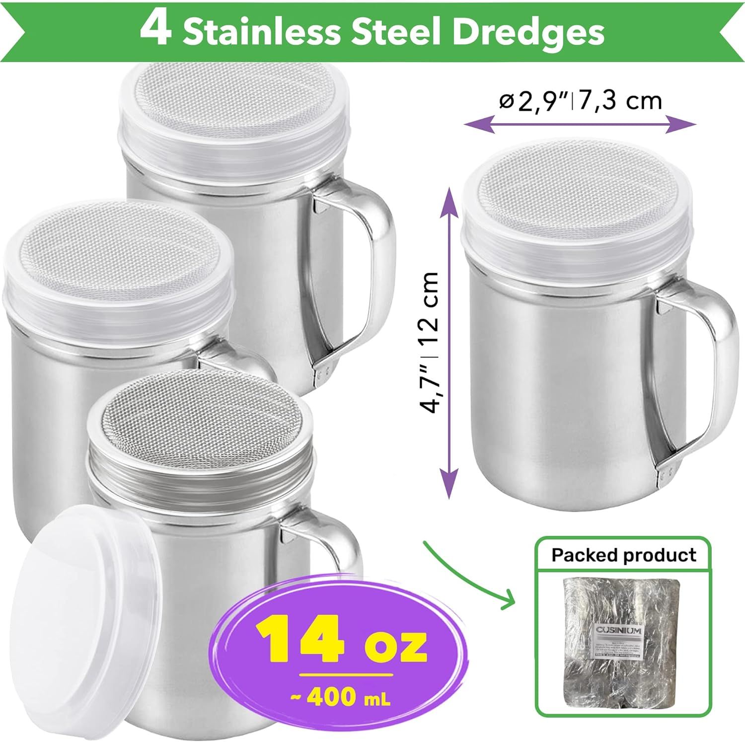 14 Ounce Powdered Sugar Shaker Duster With Handle - ine Mesh - With Plastic Cap - Pack o 4 - Image 2