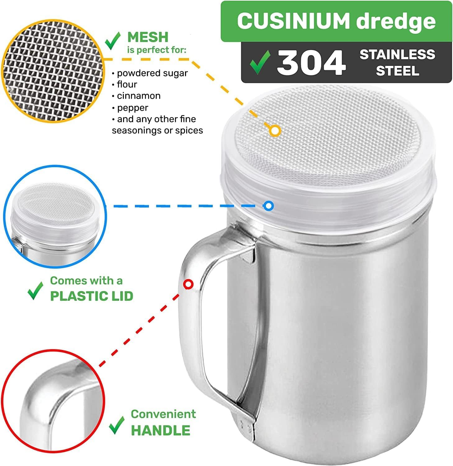 14 Ounce Powdered Sugar Shaker Duster With Handle - ine Mesh - With Plastic Cap - Pack o 4 - Image 3
