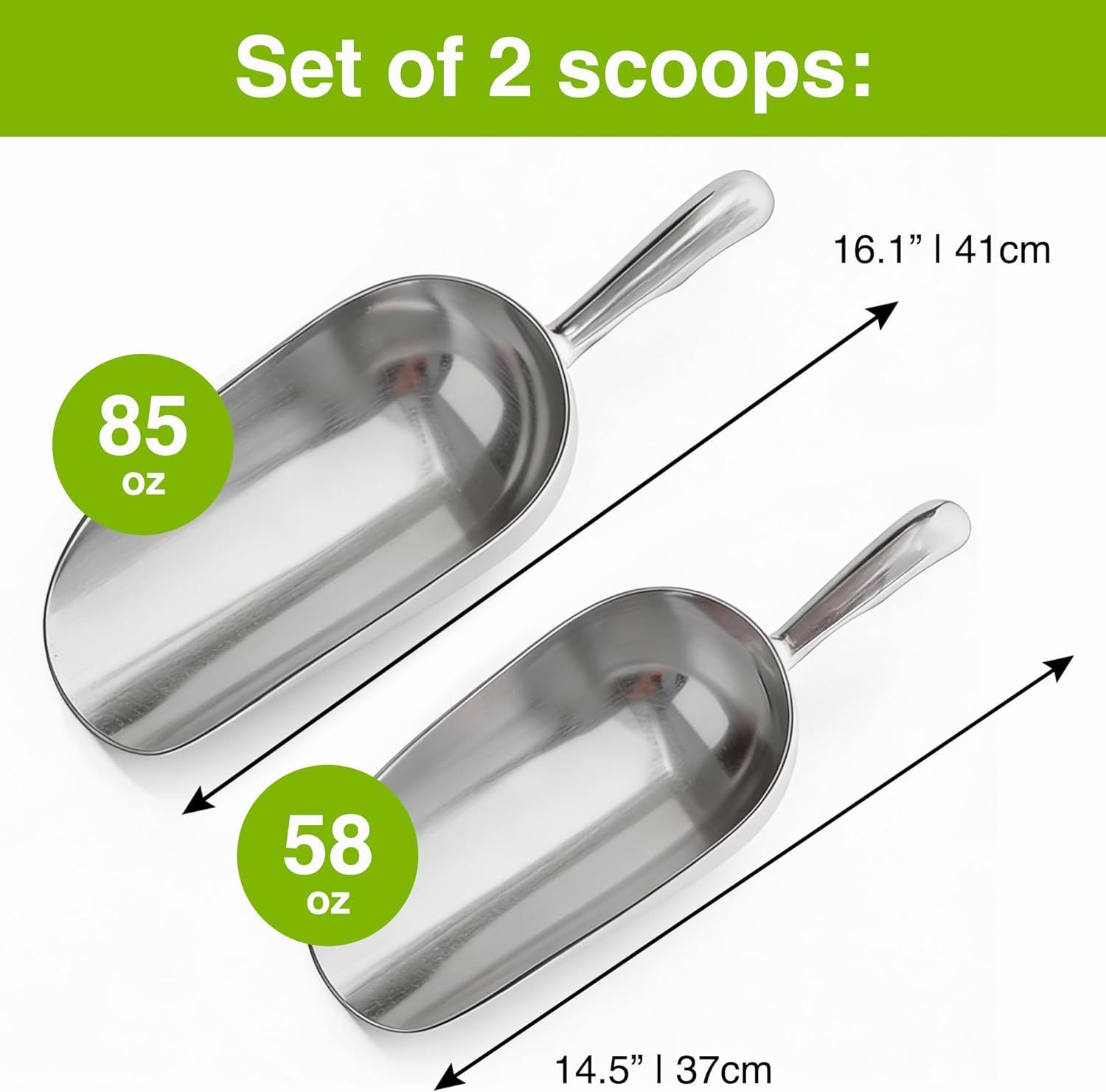 [2-Pack] 58oz + 85oz Metal Scoops or Ice Machine - Large Aluminum Ice Scoop Set - Hand Wash Only - Image 2
