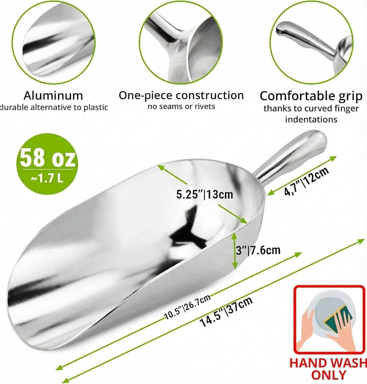[2-Pack] 58oz + 85oz Metal Scoops or Ice Machine - Large Aluminum Ice Scoop Set - Hand Wash Only - Image 3
