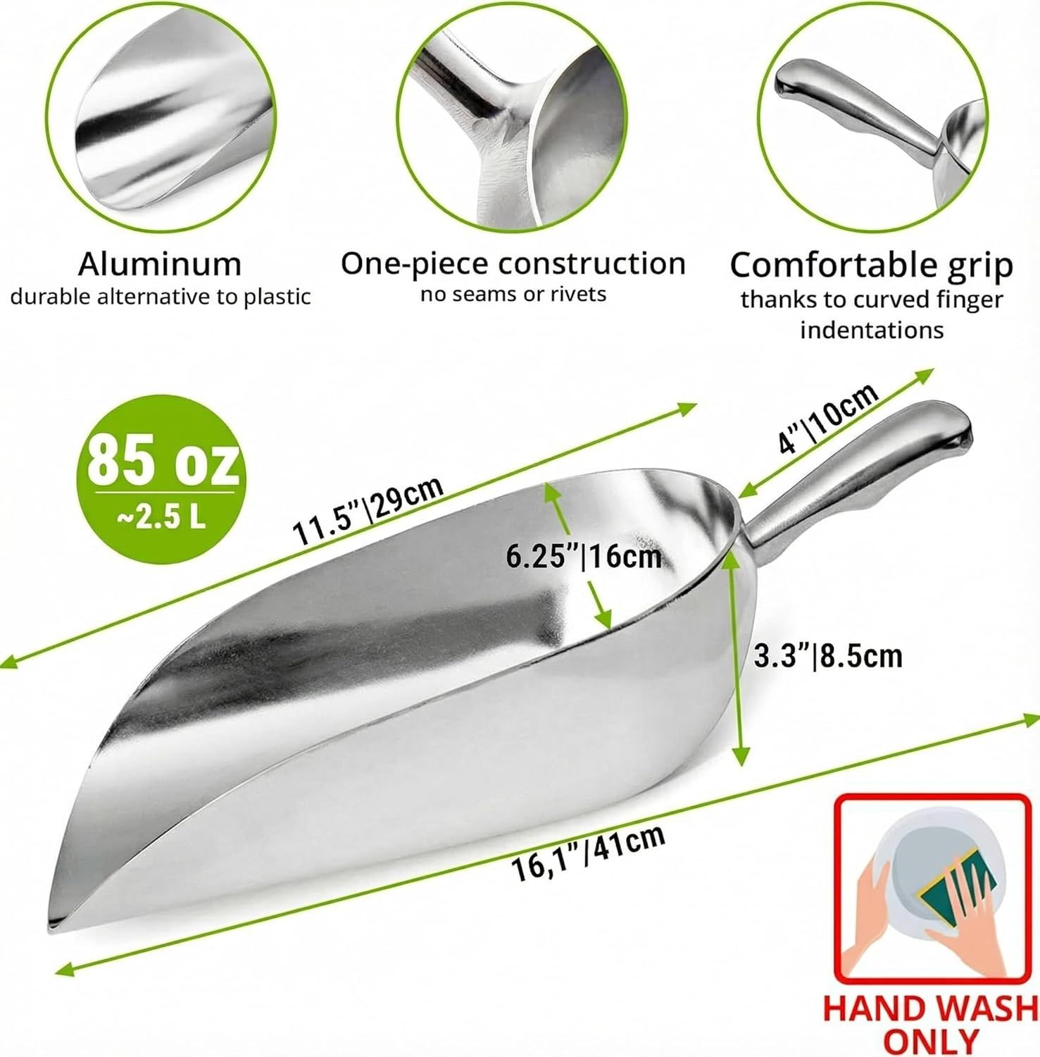 [2-Pack] 58oz + 85oz Metal Scoops or Ice Machine - Large Aluminum Ice Scoop Set - Hand Wash Only - Image 4