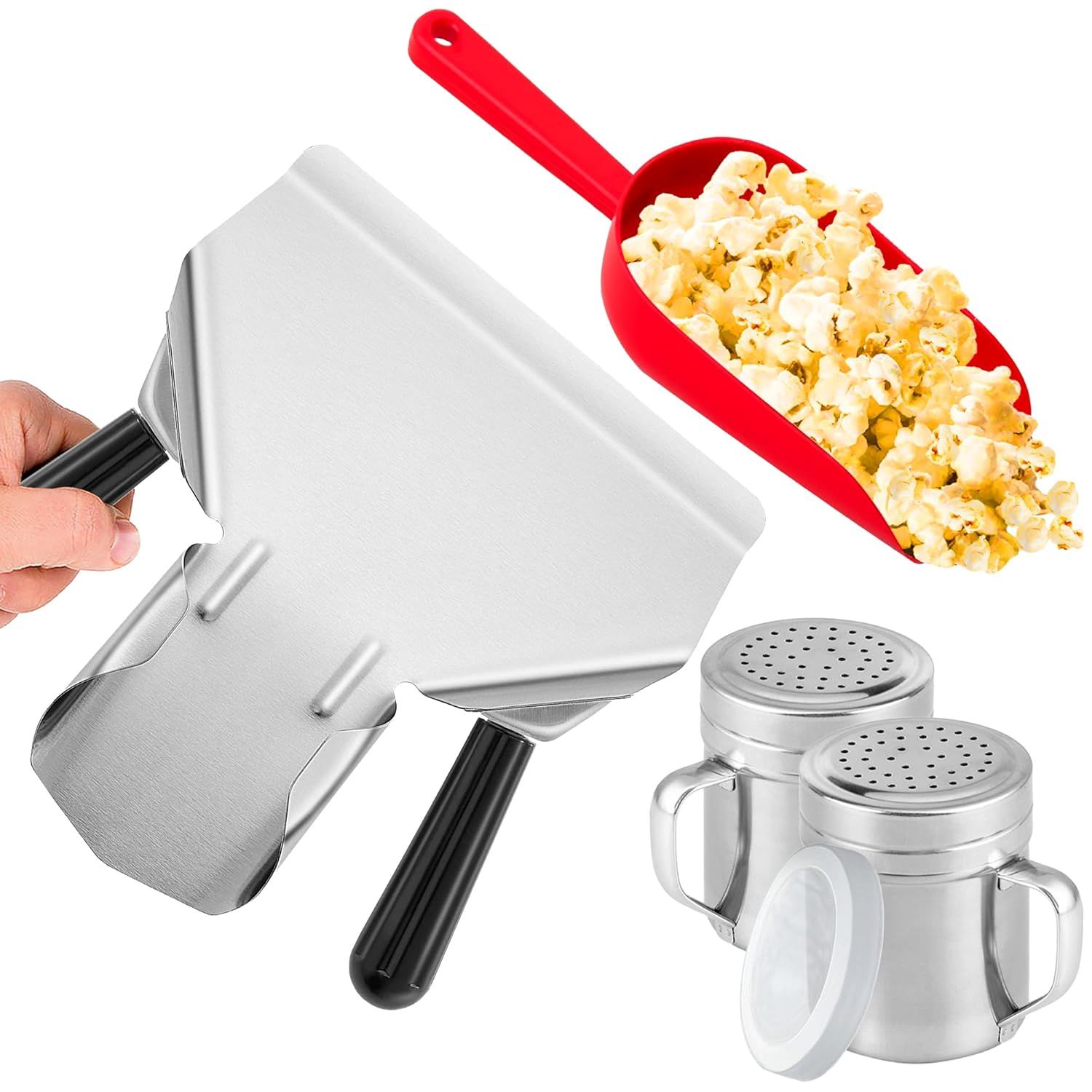 Double Handle Concession Popcorn Scoop + 16 oz Red Popcorn Plastic Scoop + [2-pcs] 10 oz Dredge Shakers Bundle - Image 1