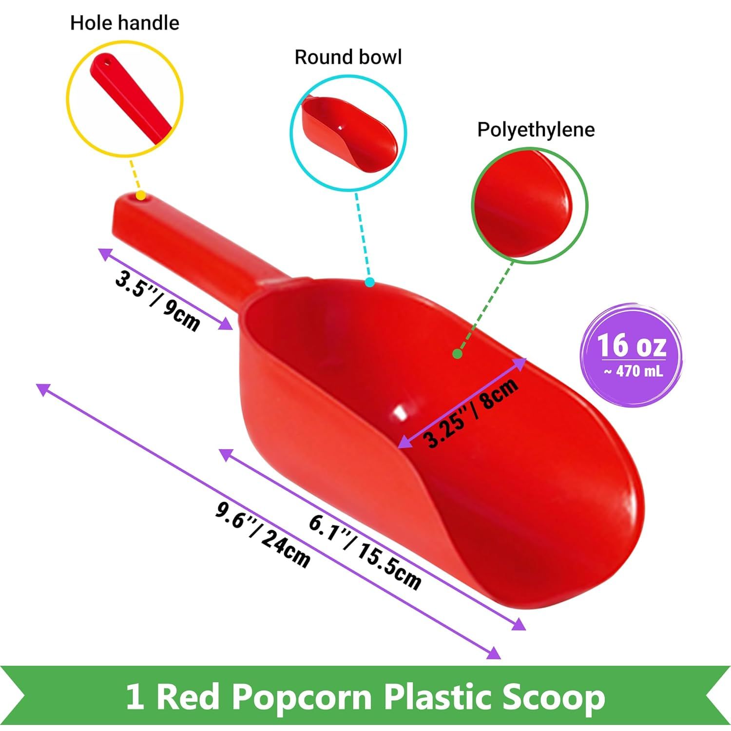 Double Handle Concession Popcorn Scoop + 16 oz Red Popcorn Plastic Scoop + [2-pcs] 10 oz Dredge Shakers Bundle - Image 3
