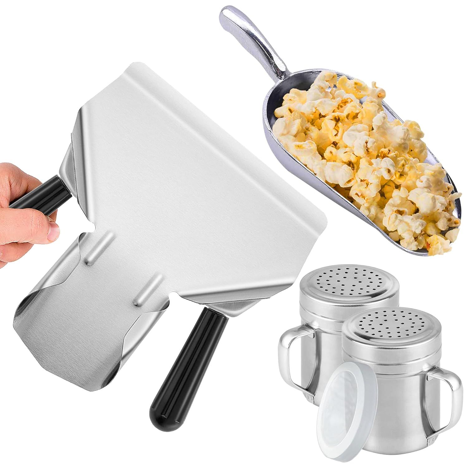 Double Handle Concession Popcorn Scoop + 12 oz Aluminium Popcorn Scoop + [2-pcs] 10 oz Dredge Shakers Bundle - Image 1