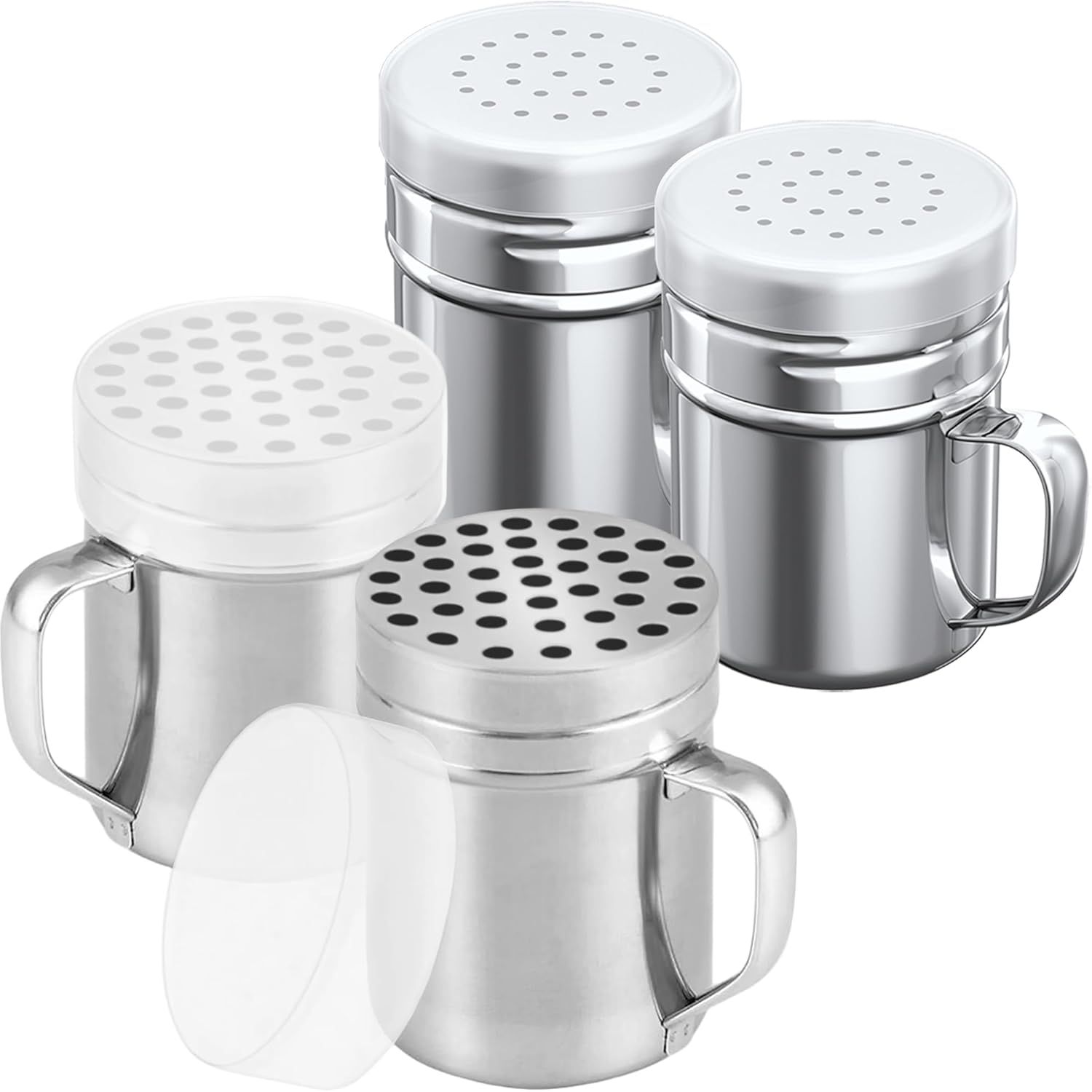 [2-pcs] 6 oz Metal Parmesan Cheese Shakers (Large Holes) + [2-pcs] 6 oz Stainless Steel Salt Pepper Dredge Shakers - All with Plastic Caps and Handles Bundle - Image 1