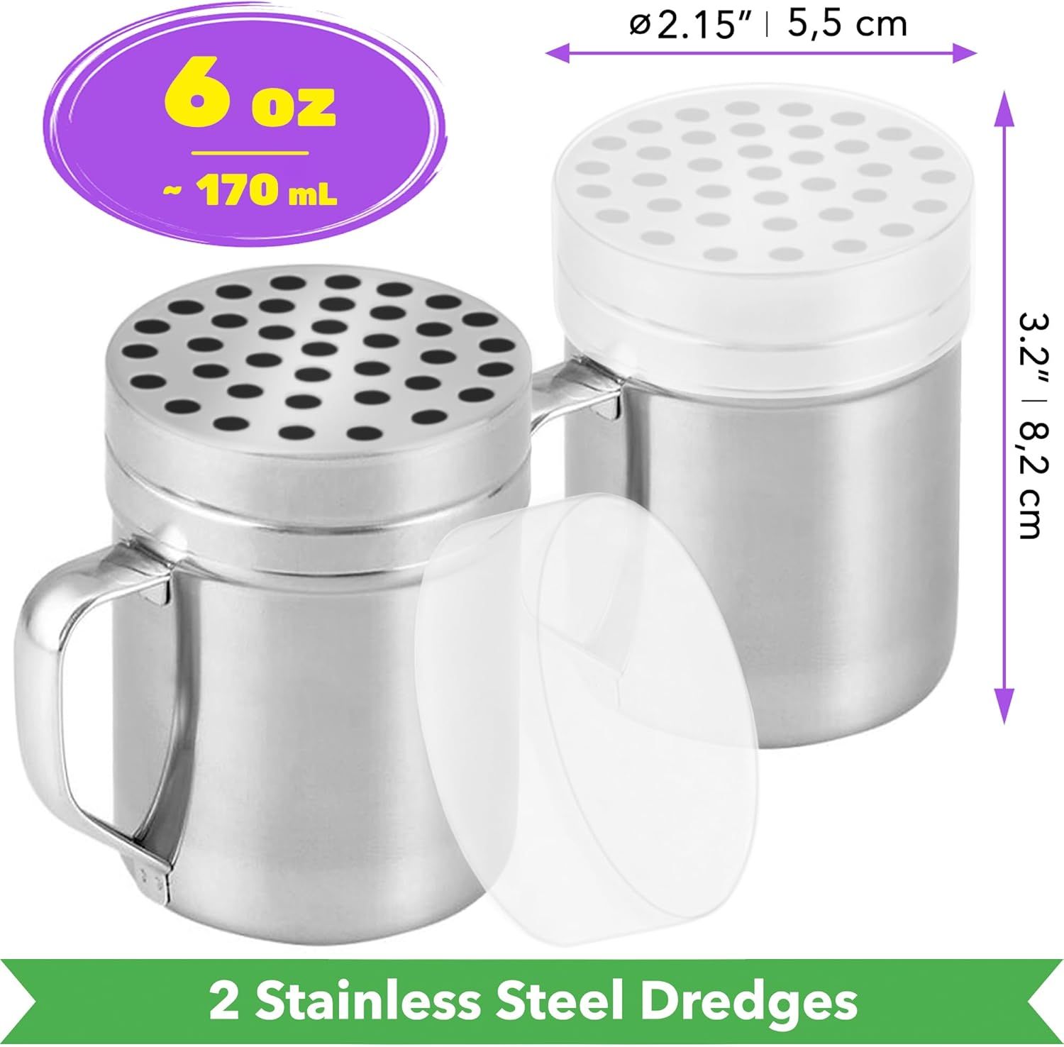 [2-pcs] 6 oz Metal Parmesan Cheese Shakers (Large Holes) + [2-pcs] 6 oz Stainless Steel Salt Pepper Dredge Shakers - All with Plastic Caps and Handles Bundle - Image 2
