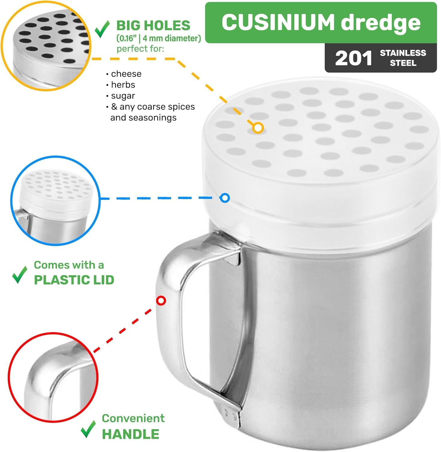 [2-pcs] 6 oz Metal Parmesan Cheese Shakers (Large Holes) + [2-pcs] 6 oz Stainless Steel Salt Pepper Dredge Shakers - All with Plastic Caps and Handles Bundle - Image 3