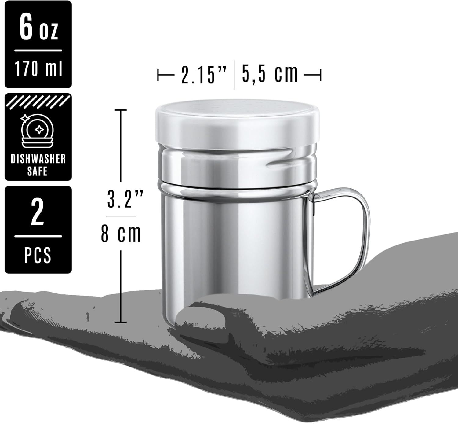 [2-pcs] 6 oz Metal Parmesan Cheese Shakers (Large Holes) + [2-pcs] 6 oz Stainless Steel Salt Pepper Dredge Shakers - All with Plastic Caps and Handles Bundle - Image 4